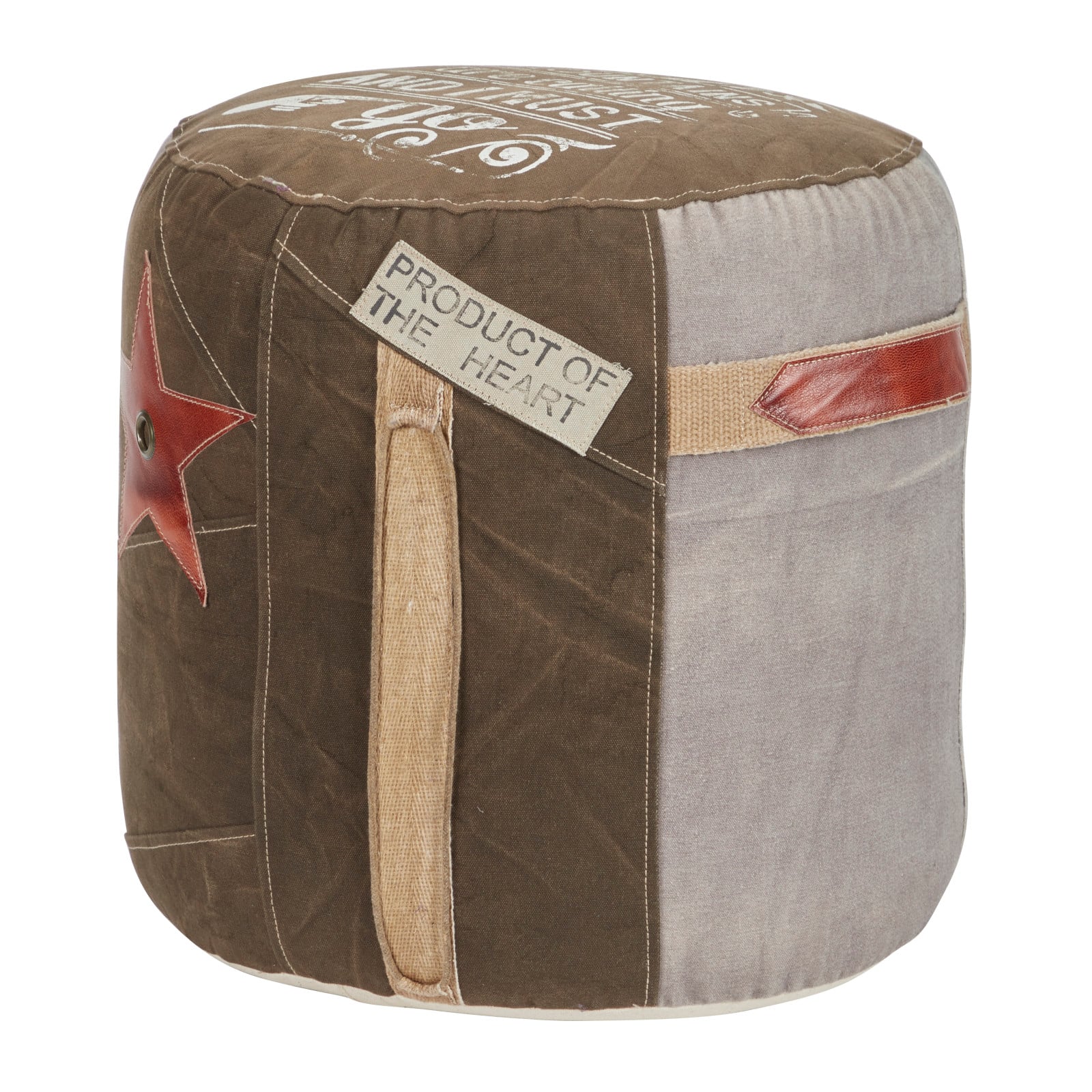 Brown Canvas and Leather Rustic Pouf, 19&#x22; x 17&#x22; x 17&#x22;