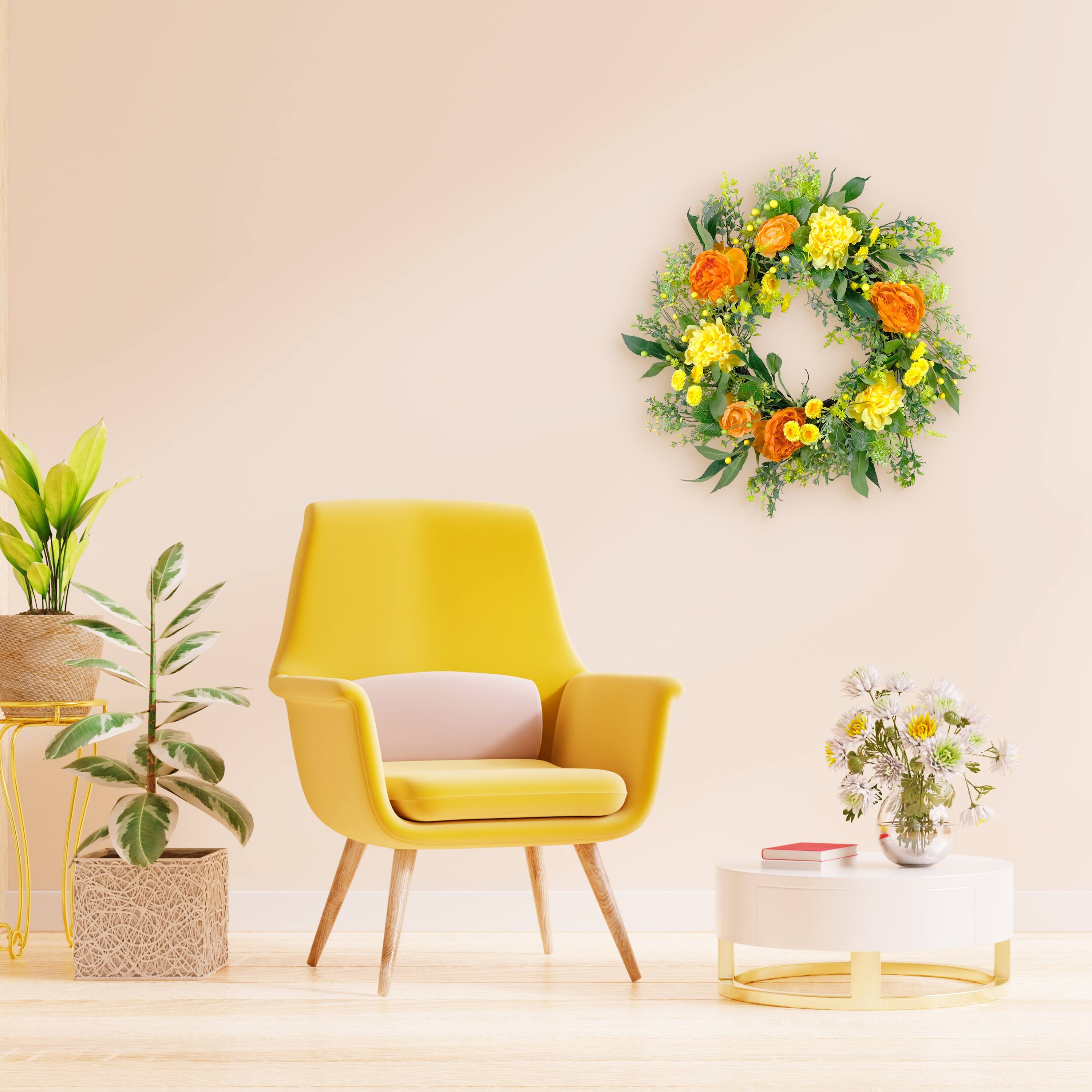 24" Orange & Yellow Spring Peony Floral Wreath