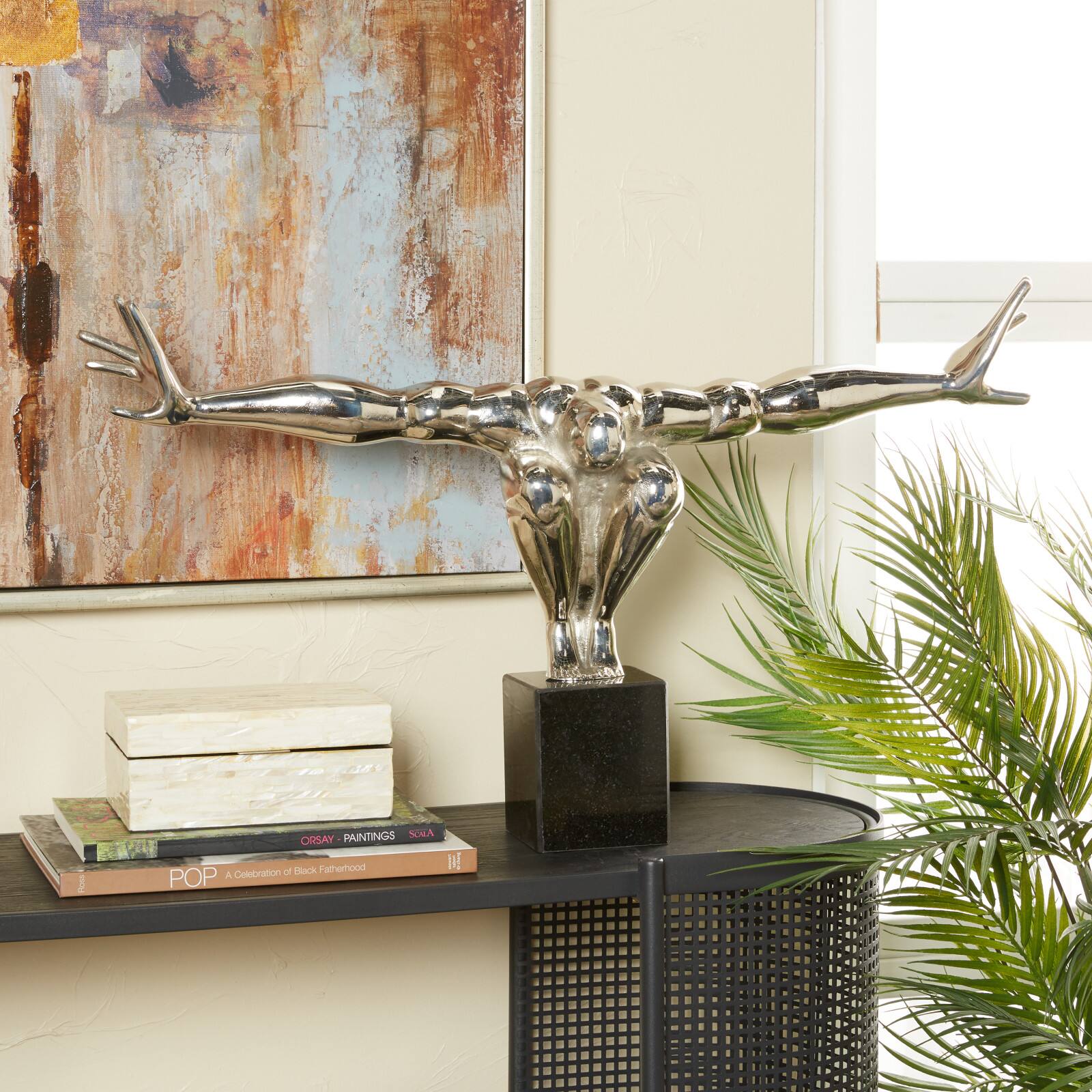 Silver Aluminum Contemporary People Sculpture, 30" x 5" x 17"