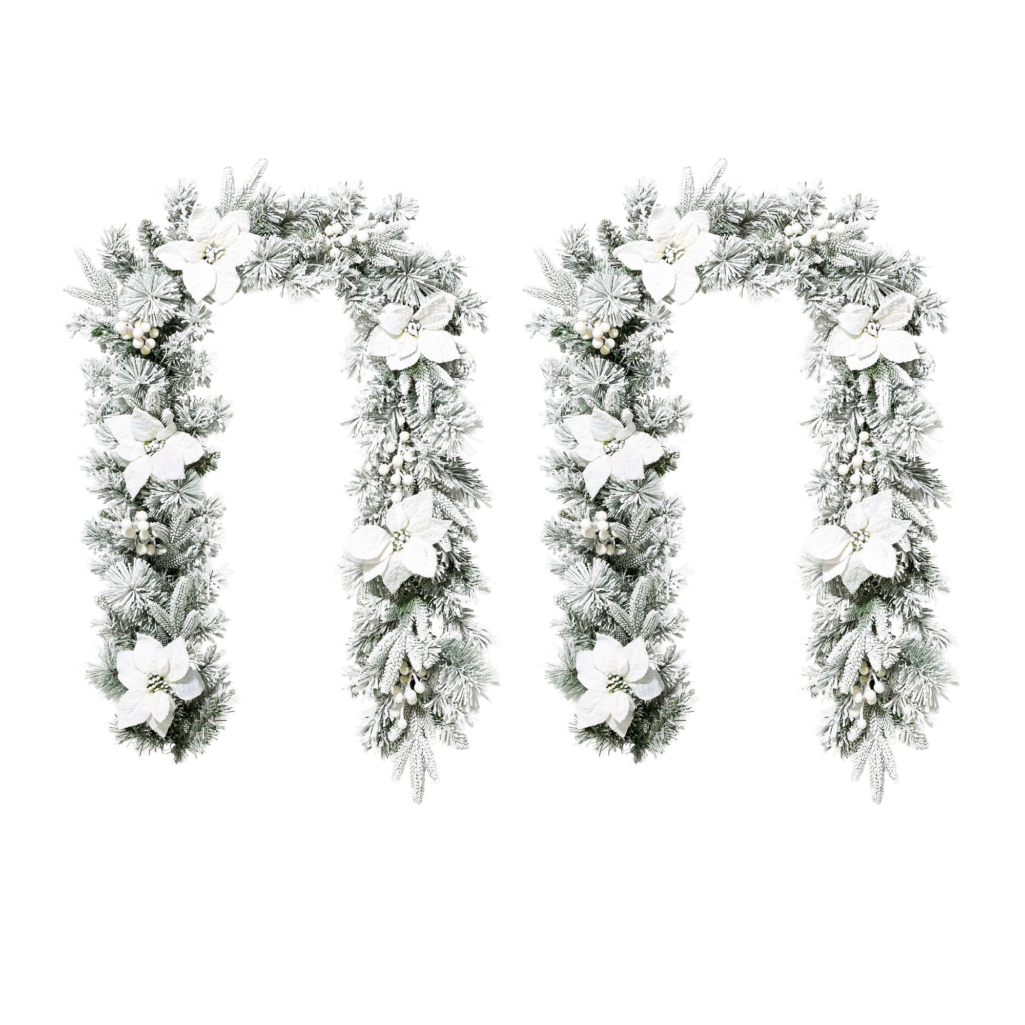 Glitzhome® 6ft. Pre-Lit Flocked Pine & White Poinsettia Christmas Garlands with Timers, 2ct.
