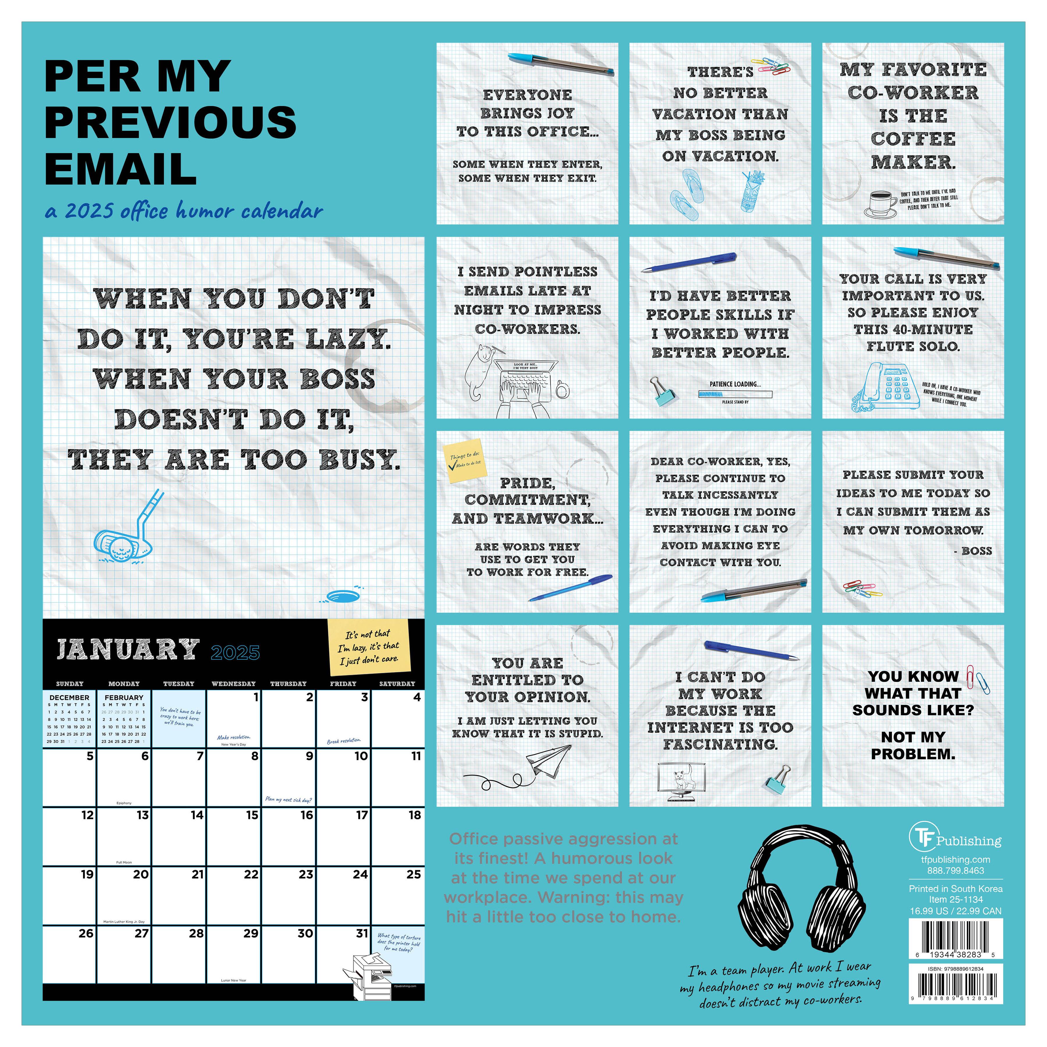 TF Publishing 2025 Per My Previous Email Wall Calendar