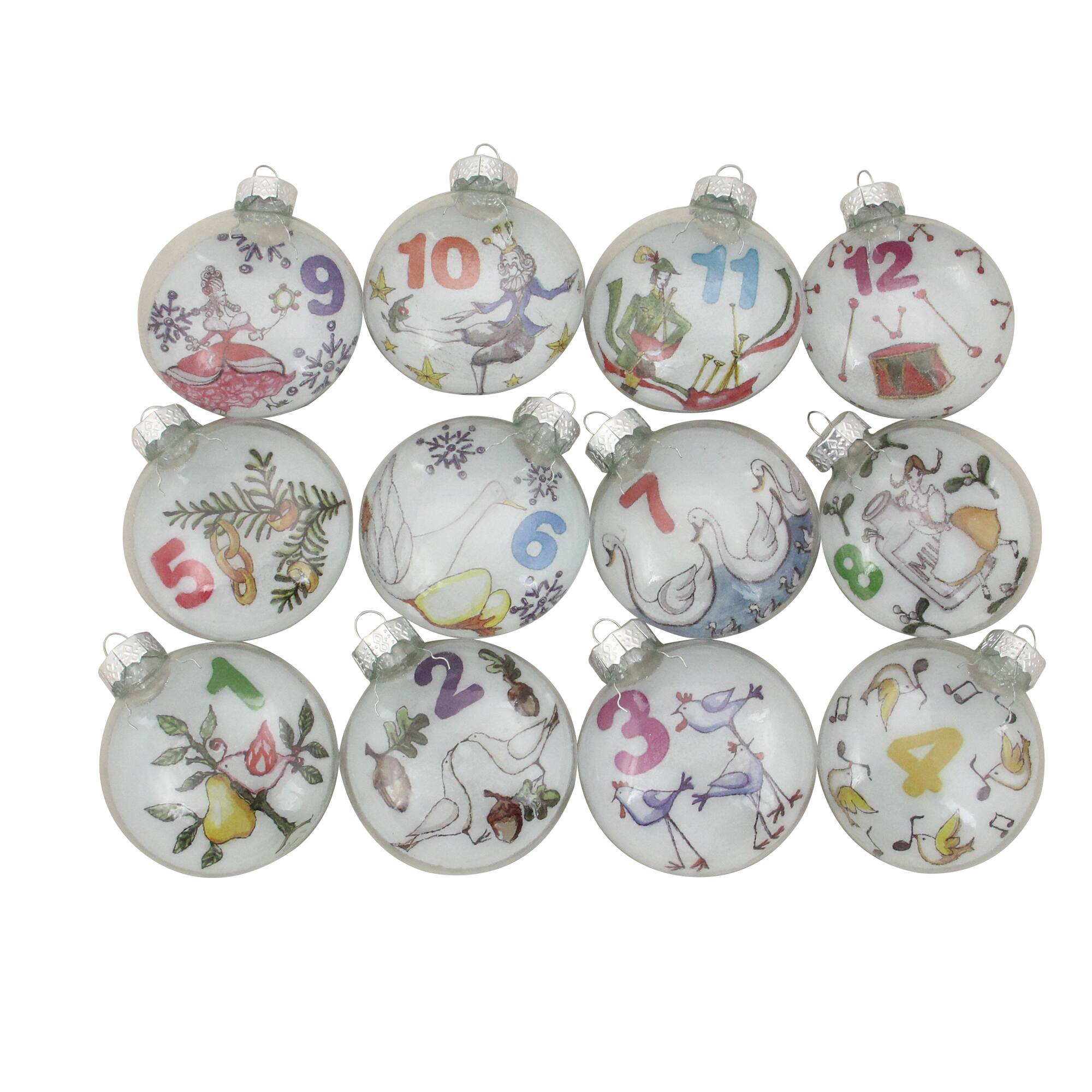 12ct. 3&#x22; Clear Twelve Days of Christmas Glass Disc Ornaments