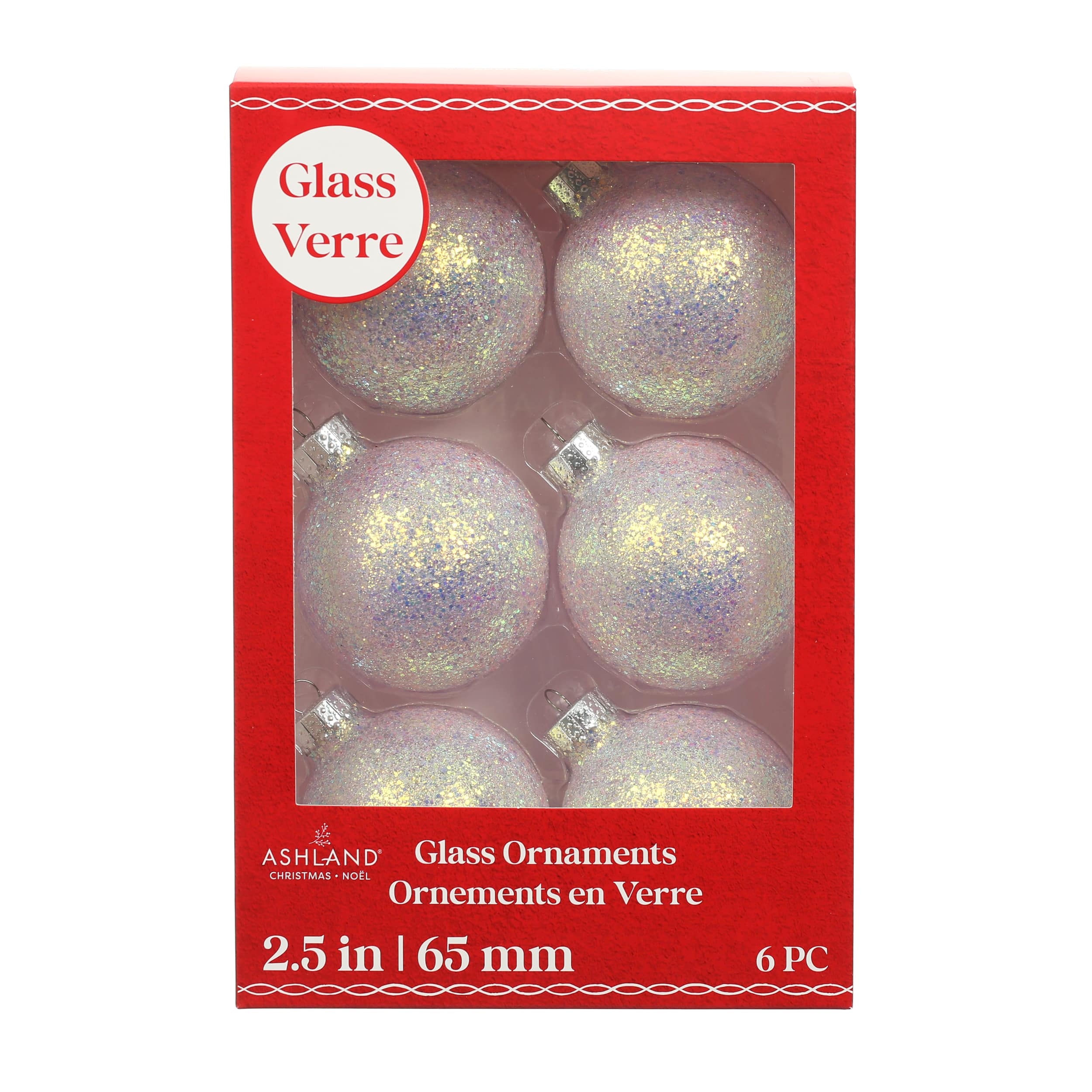 6 Pack 2.5&#x22; Pink Iridescent Glitter Glass Ball Ornaments by Ashland&#xAE;