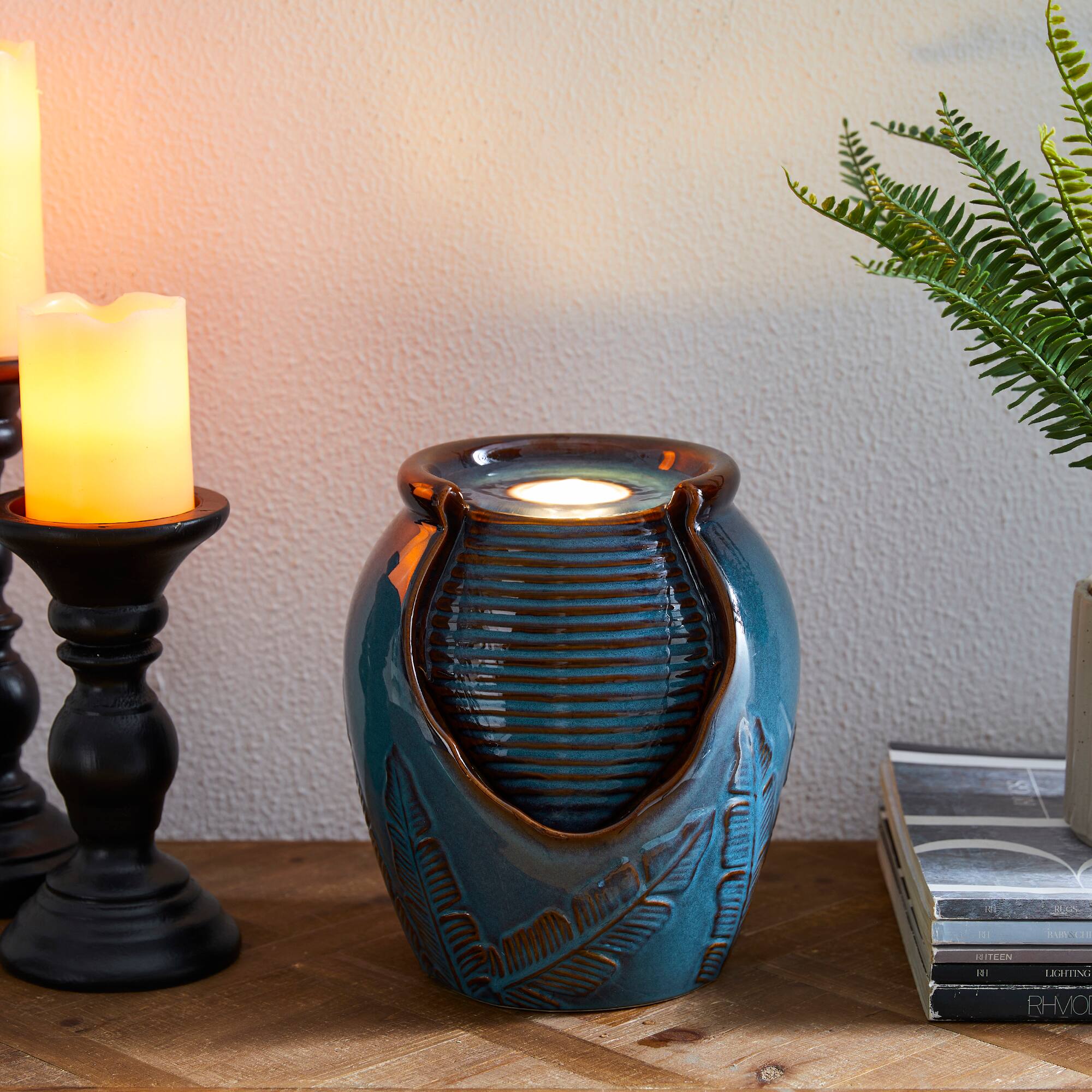 Glitzhome&#xAE; 9.25&#x22; LED Turquoise Leaf Textured Ceramic Jar Tabletop Fountain