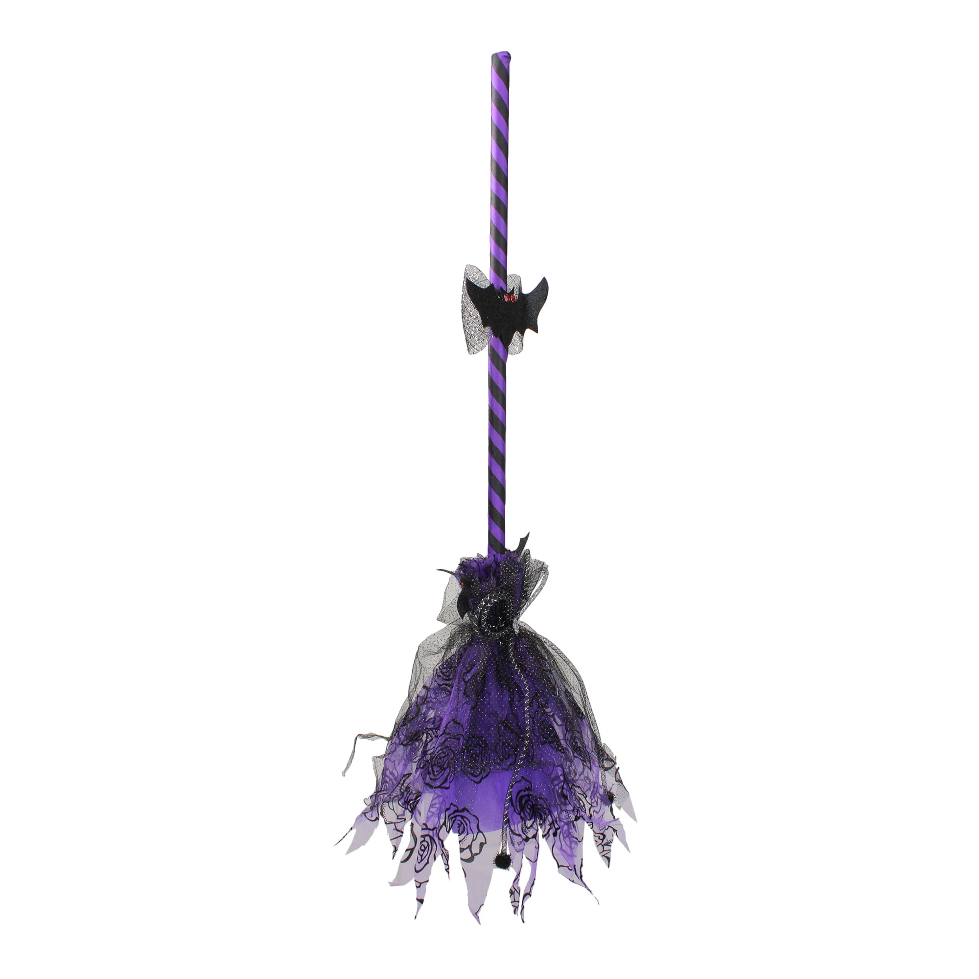 29&#x22; Purple &#x26; Black Striped Animated Witches Halloween Broom with Bat Accents