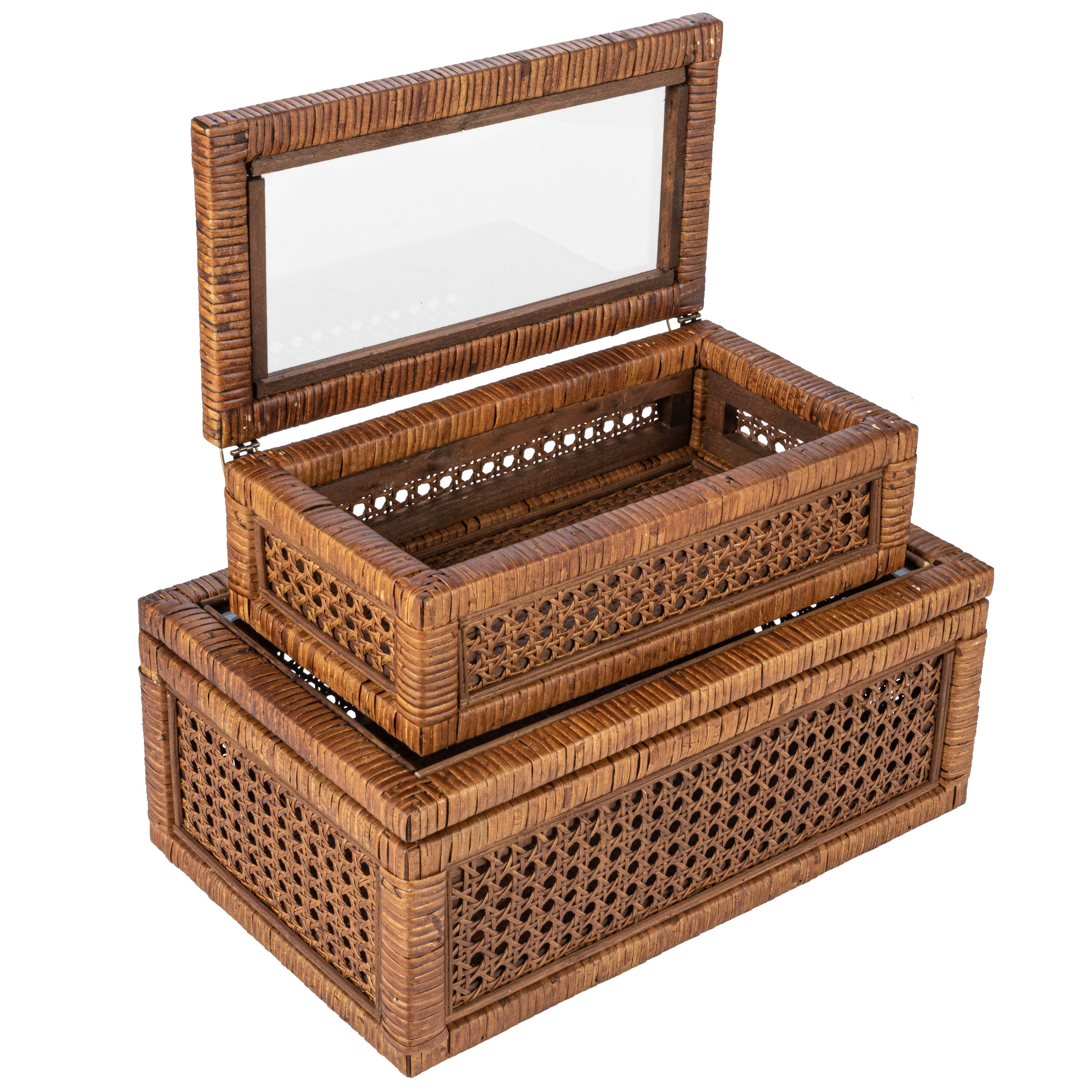Hello Honey® Dark Brown Modern Decorative Rectangle Woven Rattan & Wood Display Box Set with Glass Top