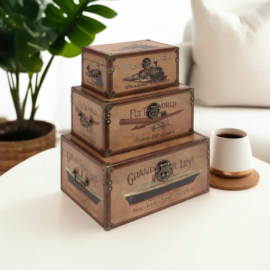 Set of 3&#x22; Brown Wood Vintage Trunk, 17&#x22;, 15&#x22;, 12&#x22;