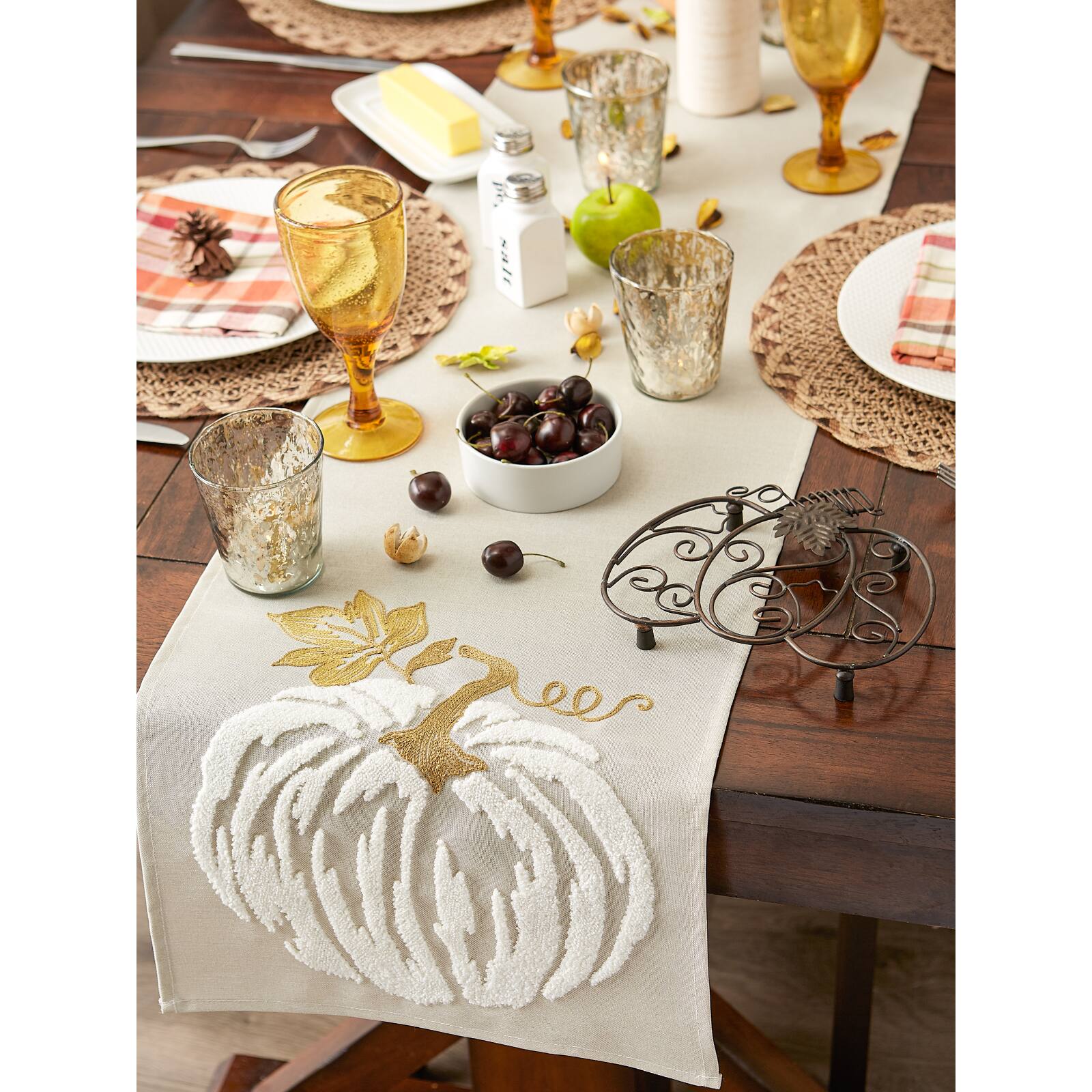 DII® 70" White Pumpkin Embroidered Table Runner