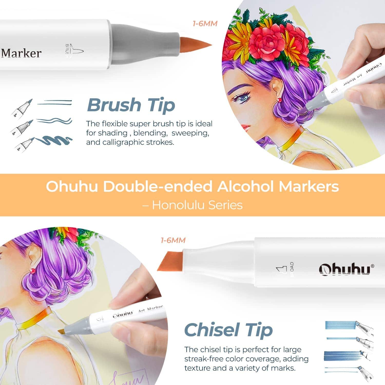 Ohuhu Alcohol Art Markers, Chisel Fine Dual Tips -Oahu Series- 120 Colors