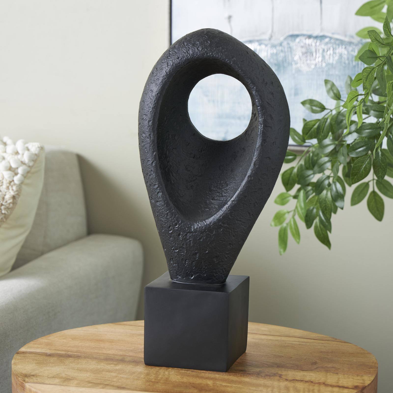 18" Black Abstract Cutout Polystone Teardrop Sculpture with Block Base