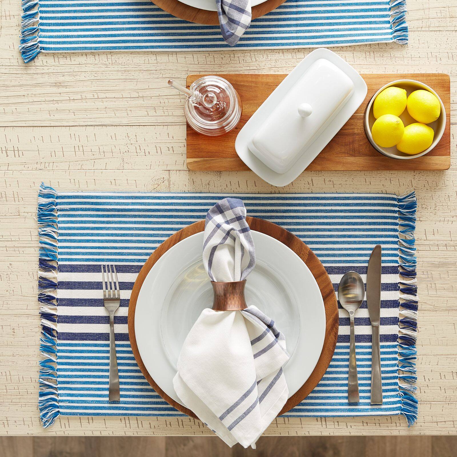 DII® Deep Blue Stripes With Fringe Placemats, 6ct.