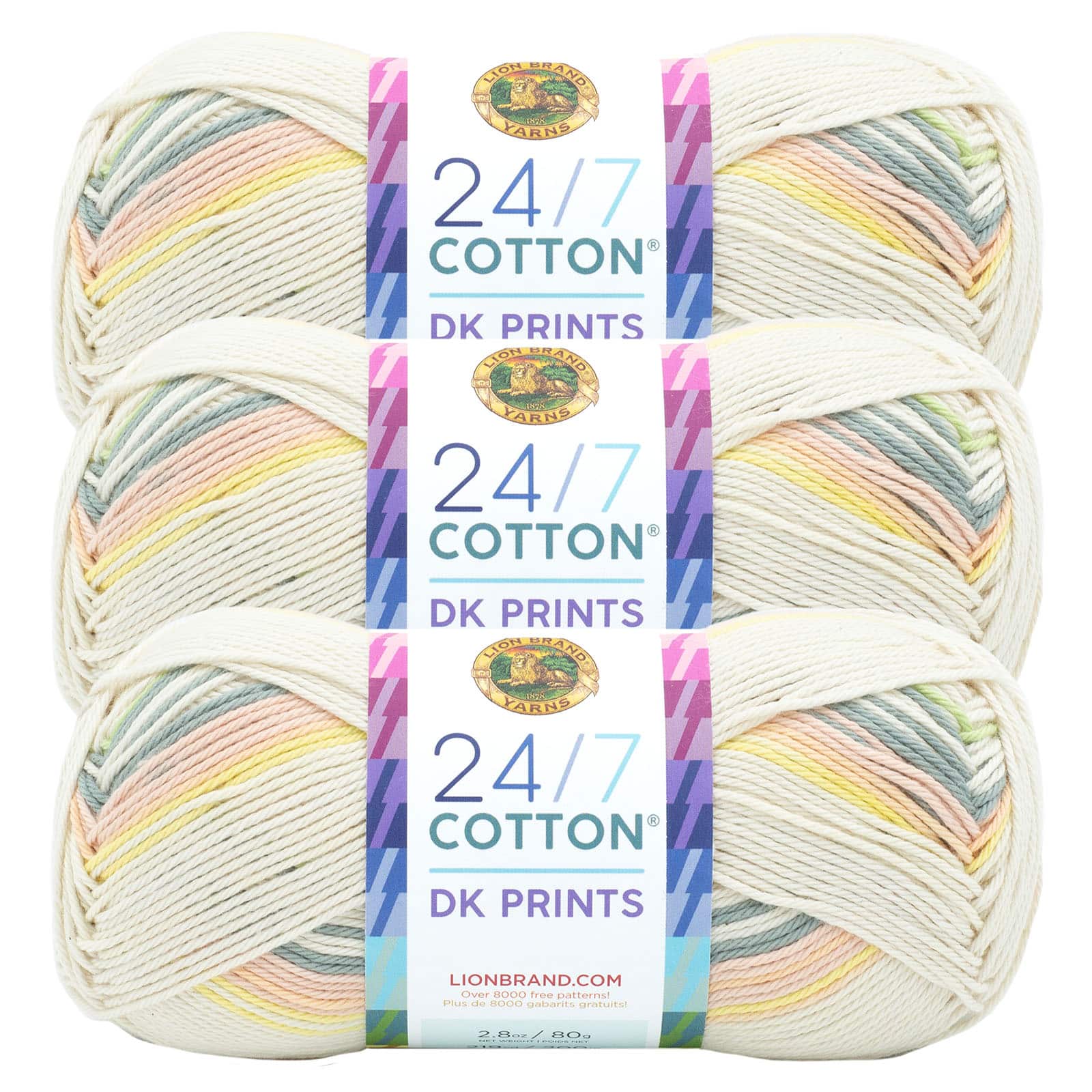 3 Pack Lion Brand® 24/7 Cotton® DK Sparkle & Prints Yarn