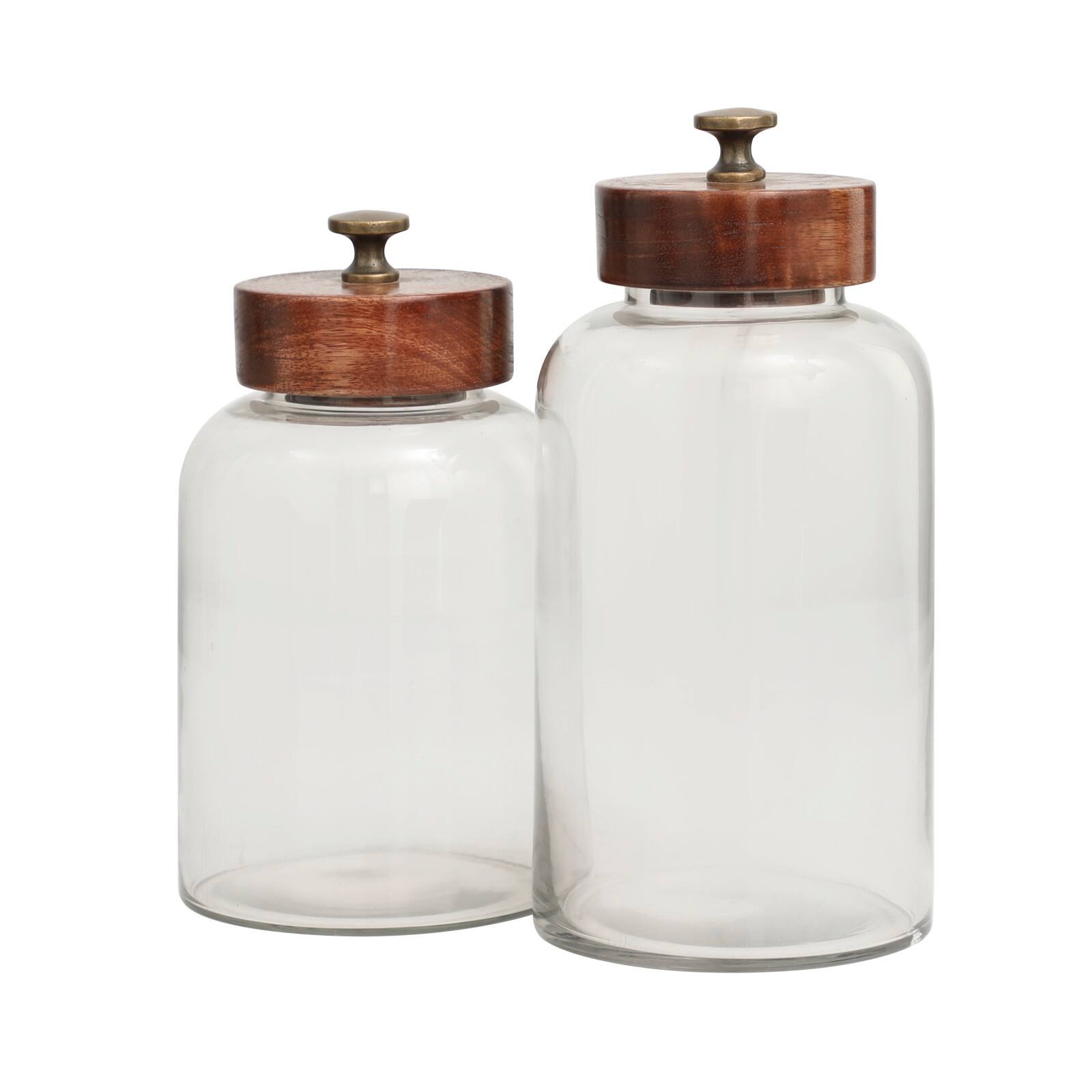 Clear Glass Canisters with Brown Removable Lids Set