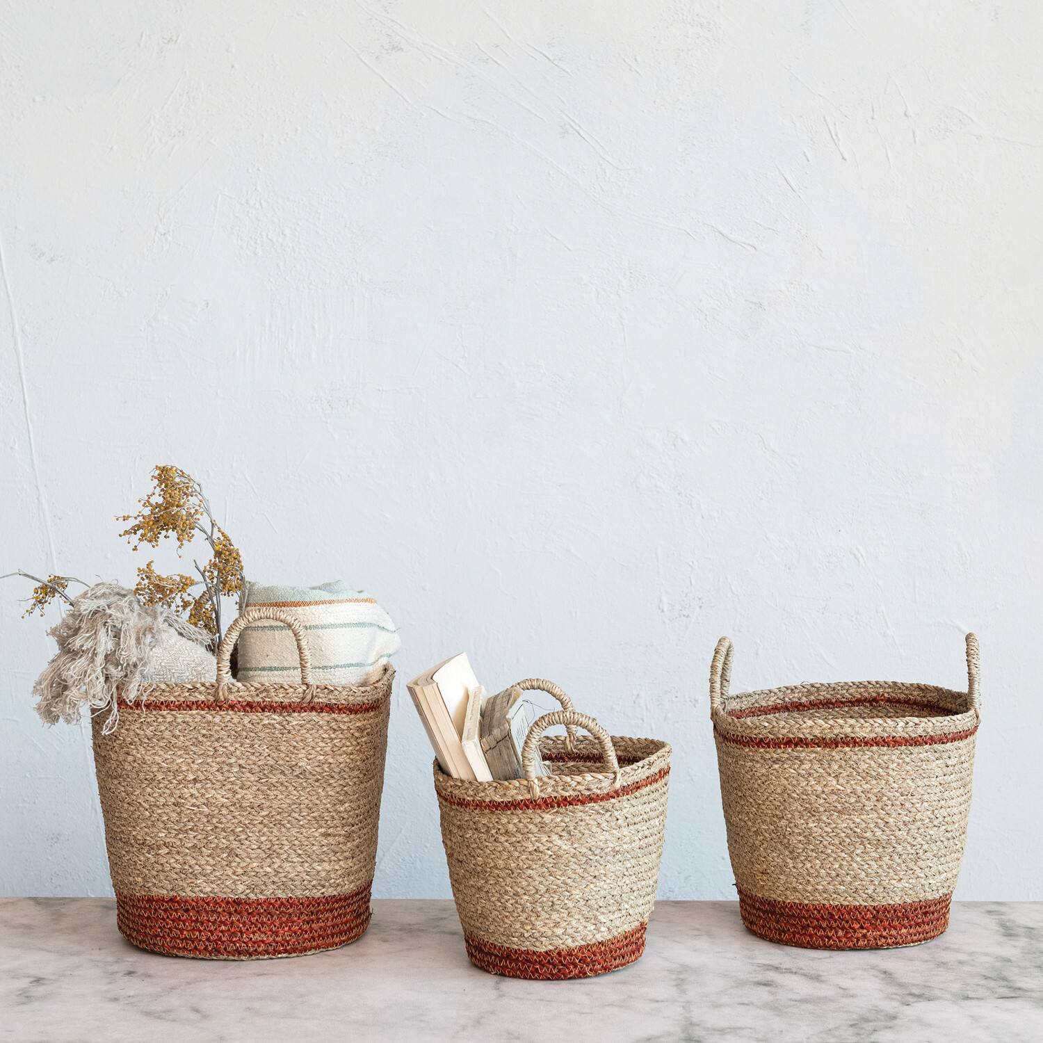 Hello Honey® Natural & Brown Striped Woven Seagrass Handled Nesting Basket Set