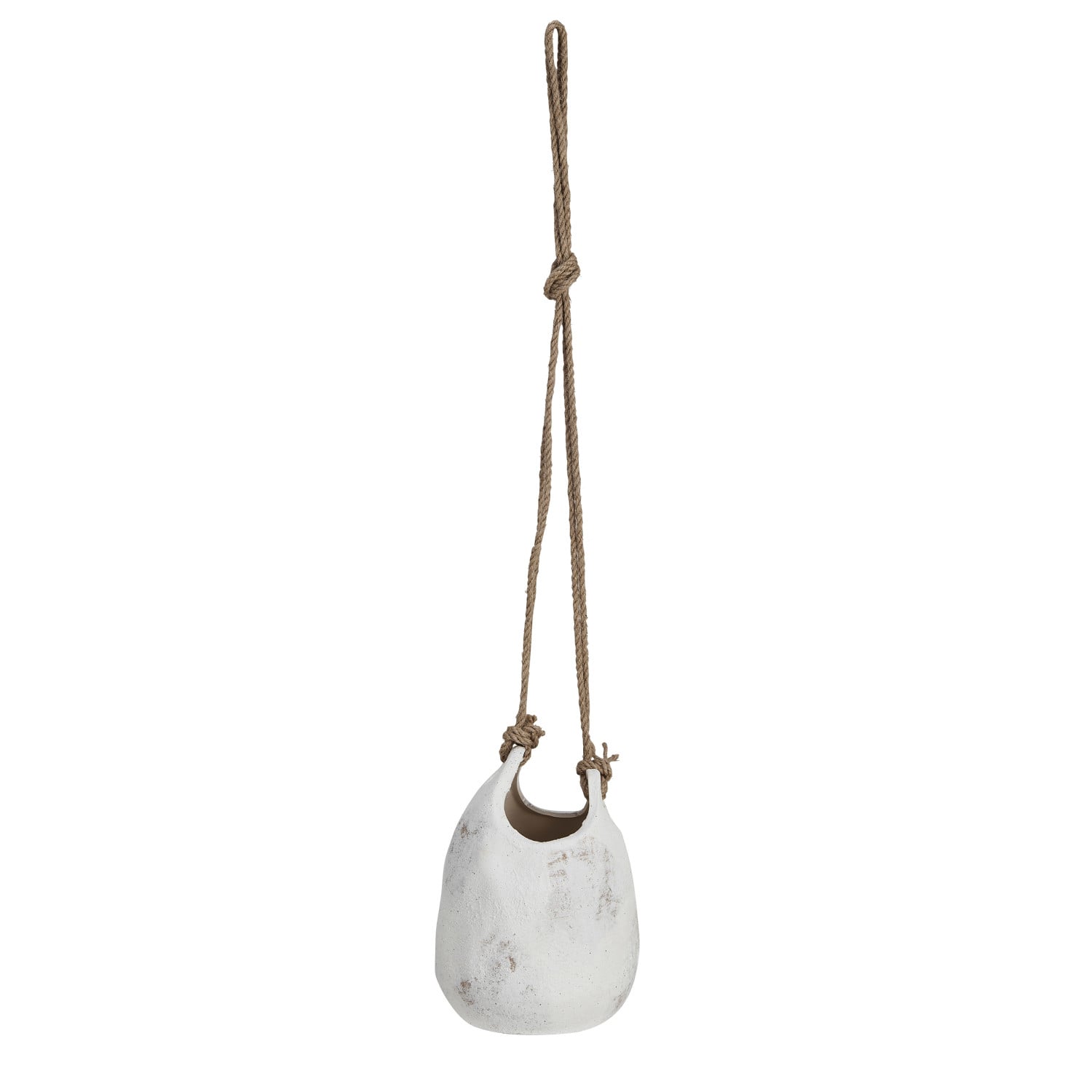 Hello Honey® 9.5" White Distressed Volcano Finish Hanging Stoneware Planter with Jute Rope Hanger