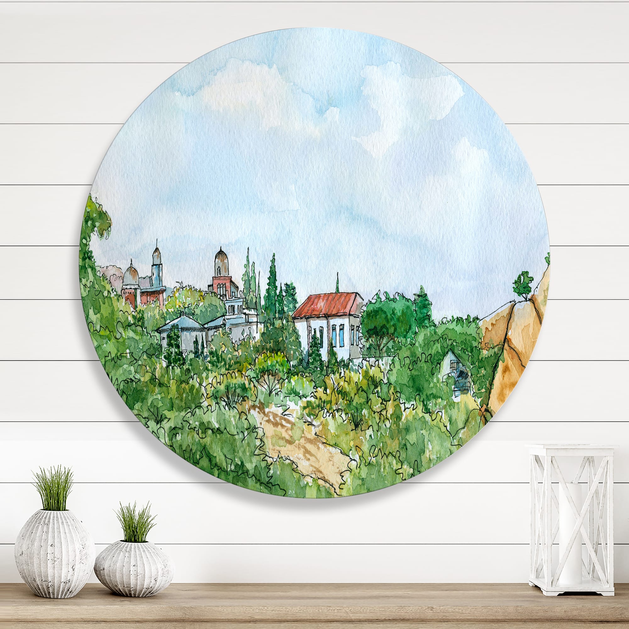 Designart - White House With Red Roof In The Countryside - Traditional Metal Circle Wall Art