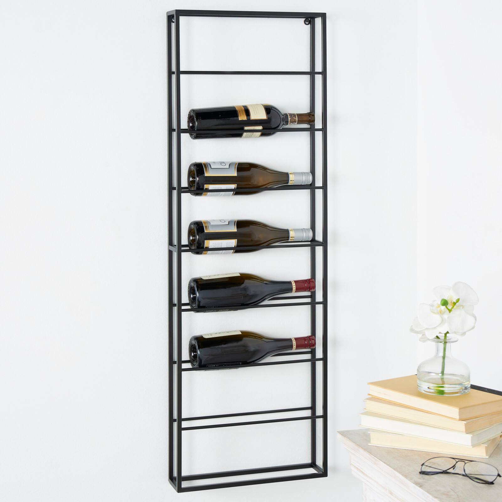 Black Metal Minimalistic 8 Bottle Wall Wine Rack with Open Style Frame