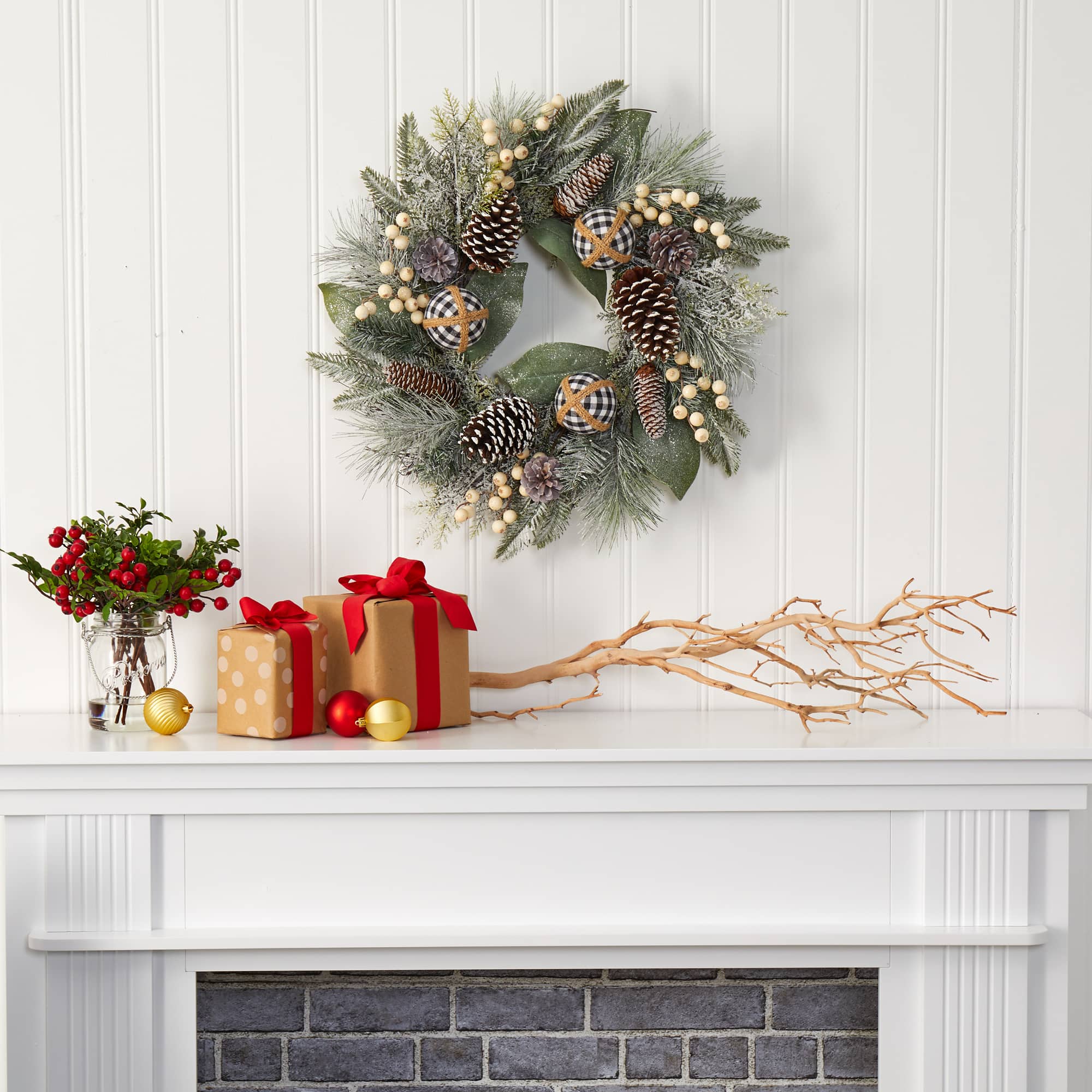24" Snowy Berry, Pinecone & Ornaments Wreath