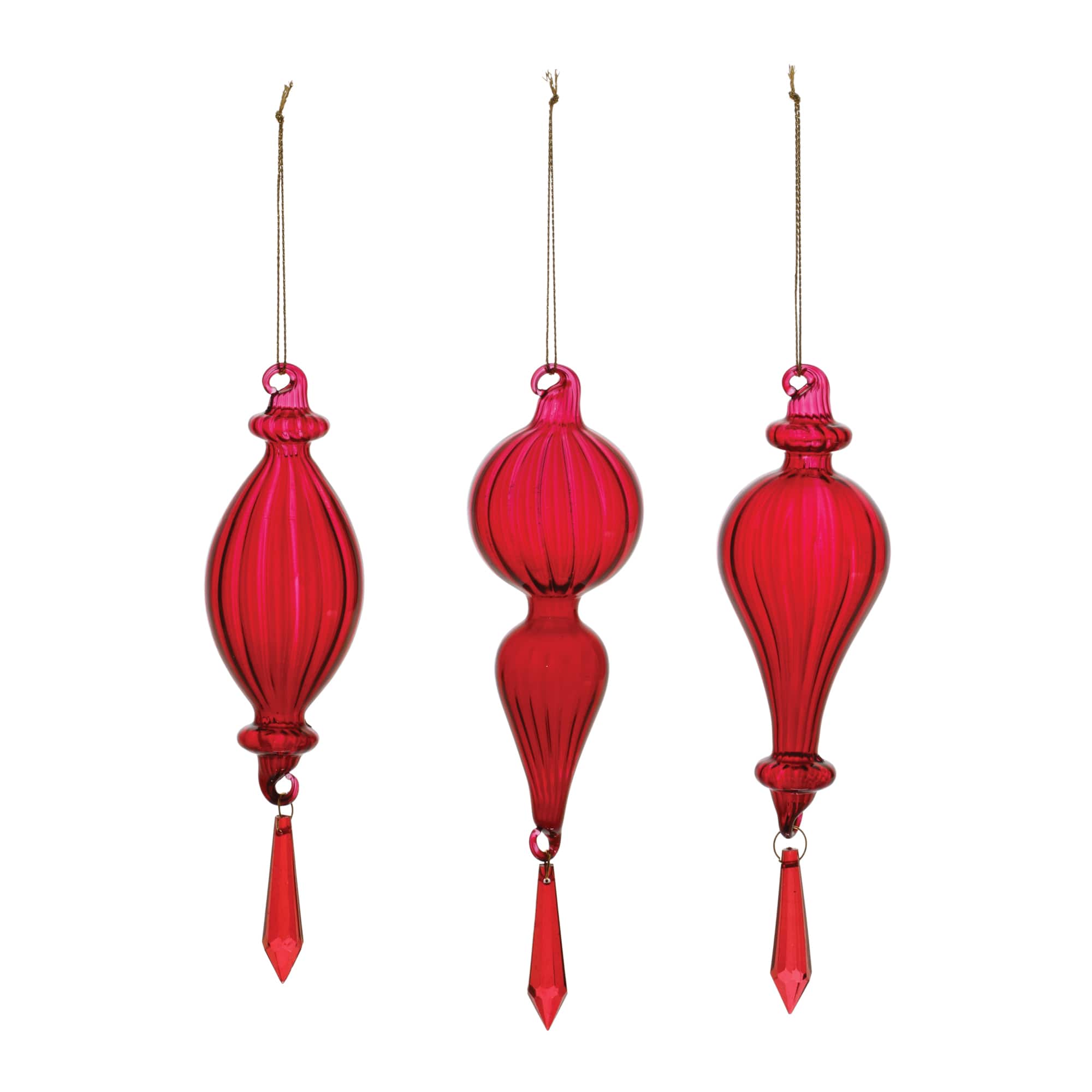 Red Ribbed Glass Drop Ornament with Jewel Set