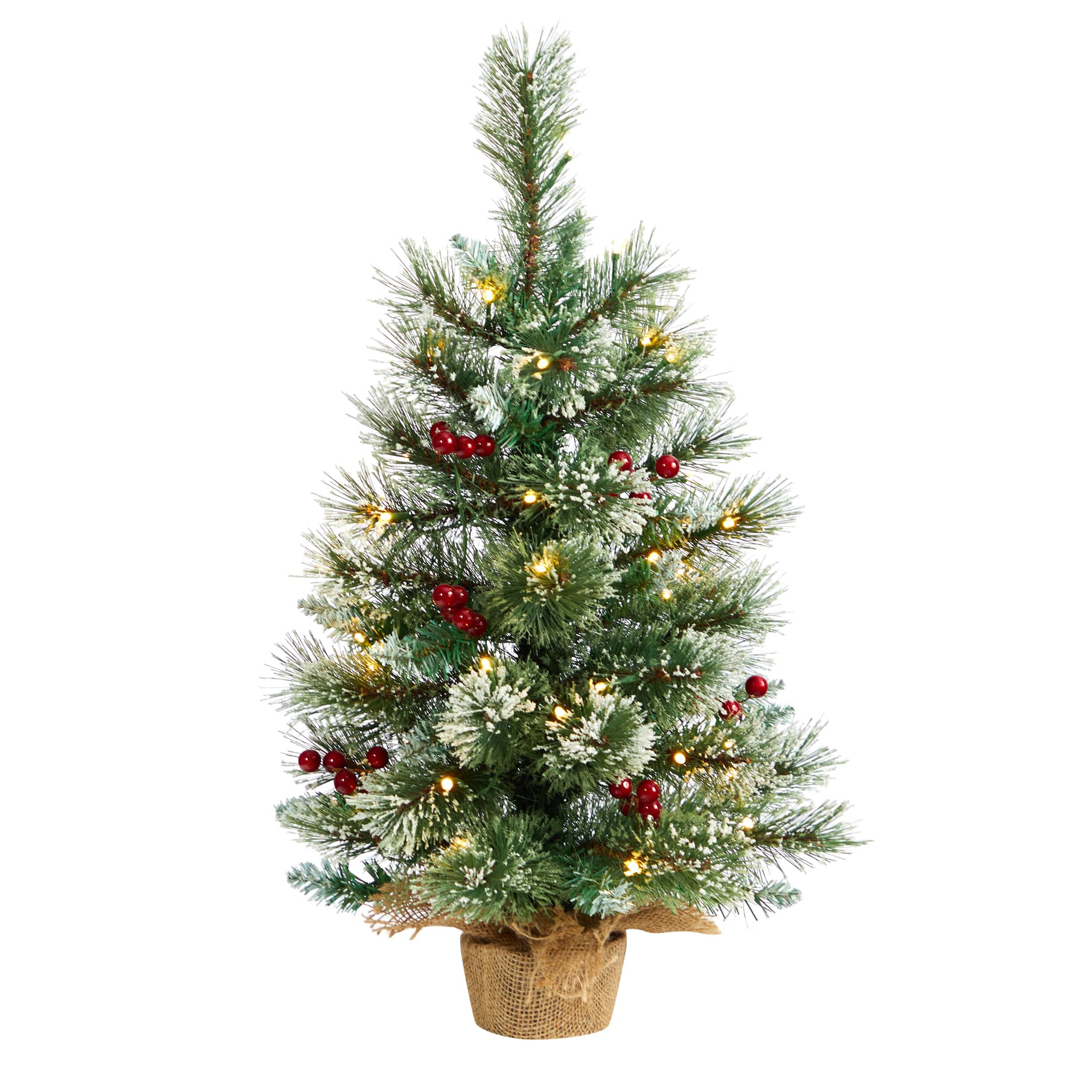 2ft. Pre-Lit Flocked Pine &#x26; Berry Artificial Christmas Tree in Burlap Base, Warm White LED Lights