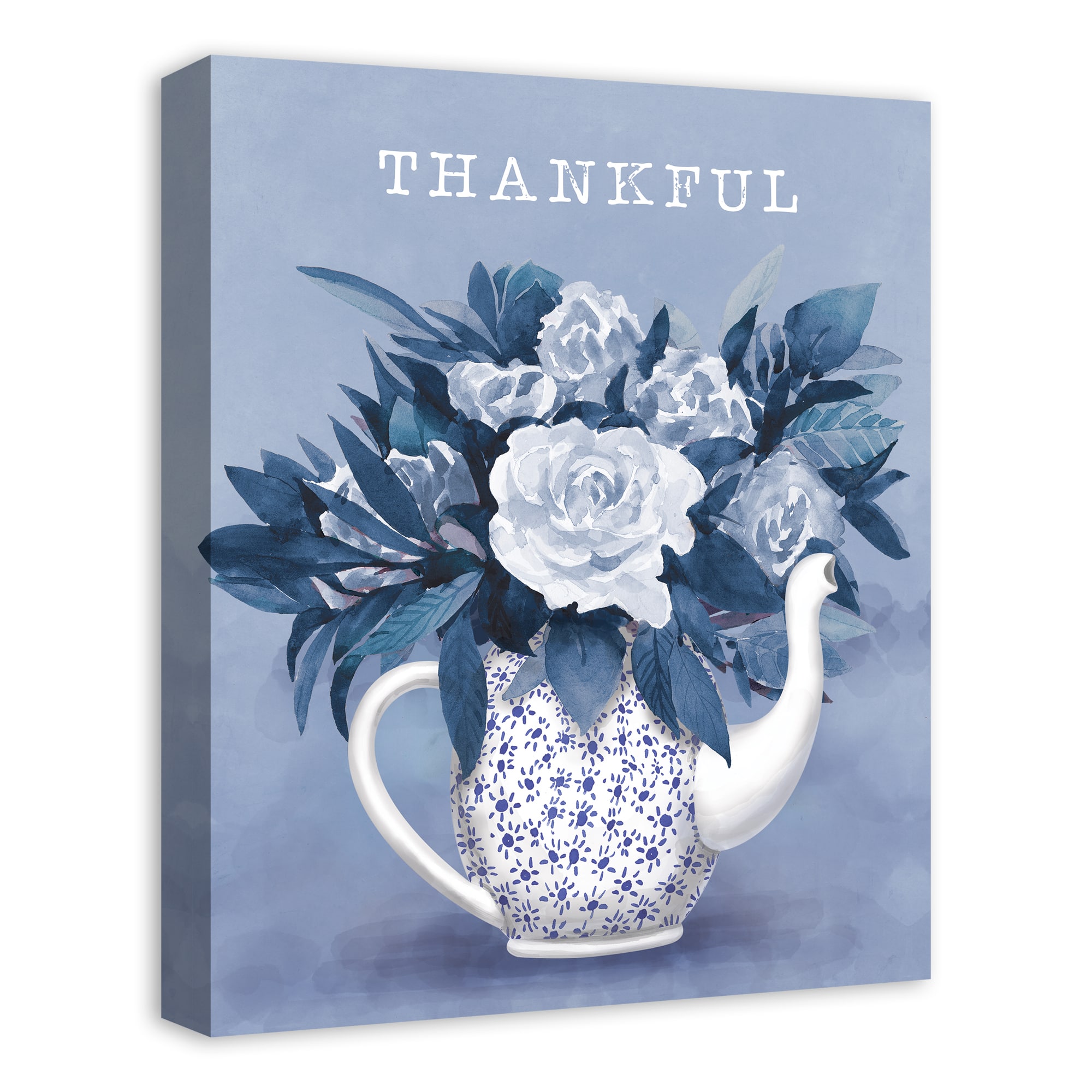 Thankful Teapot With Flowers Canvas Wall Art