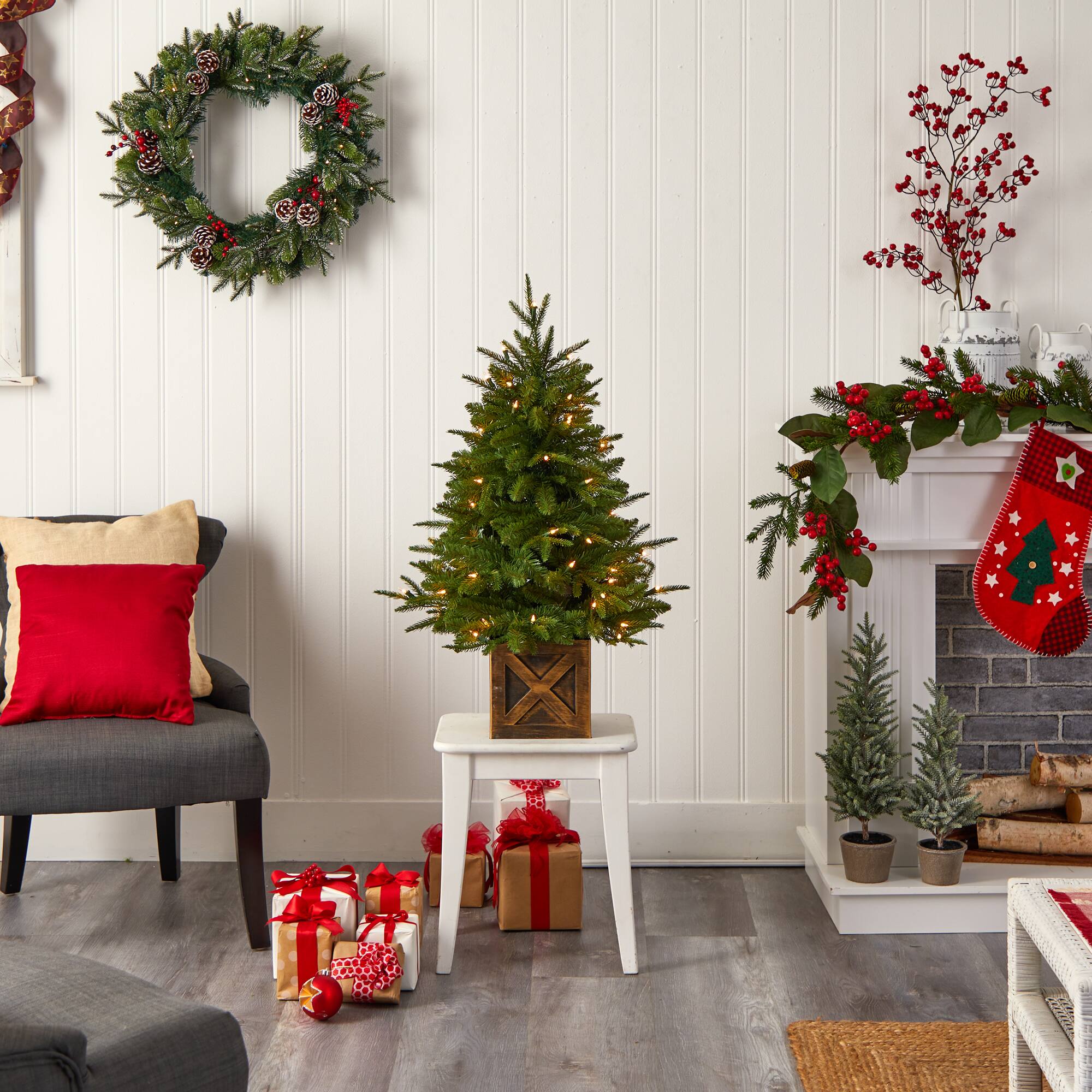 3ft. Pre-Lit Finland Fir Artificial Christmas Tree in Decorative Planter, Warm White Lights