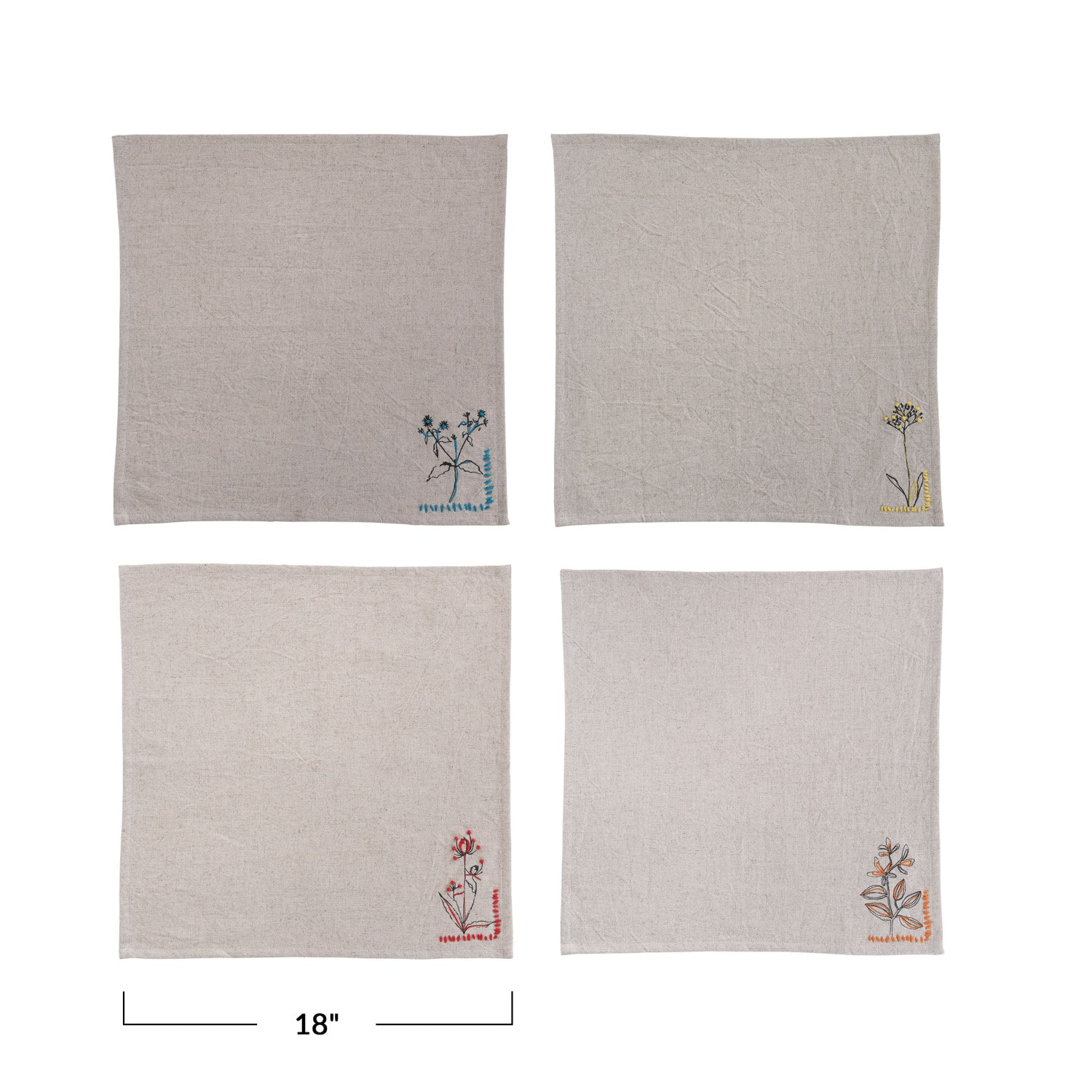 Gray Flower Embroidery &#x26; French Knot Cotton &#x26; Linen Napkins Set