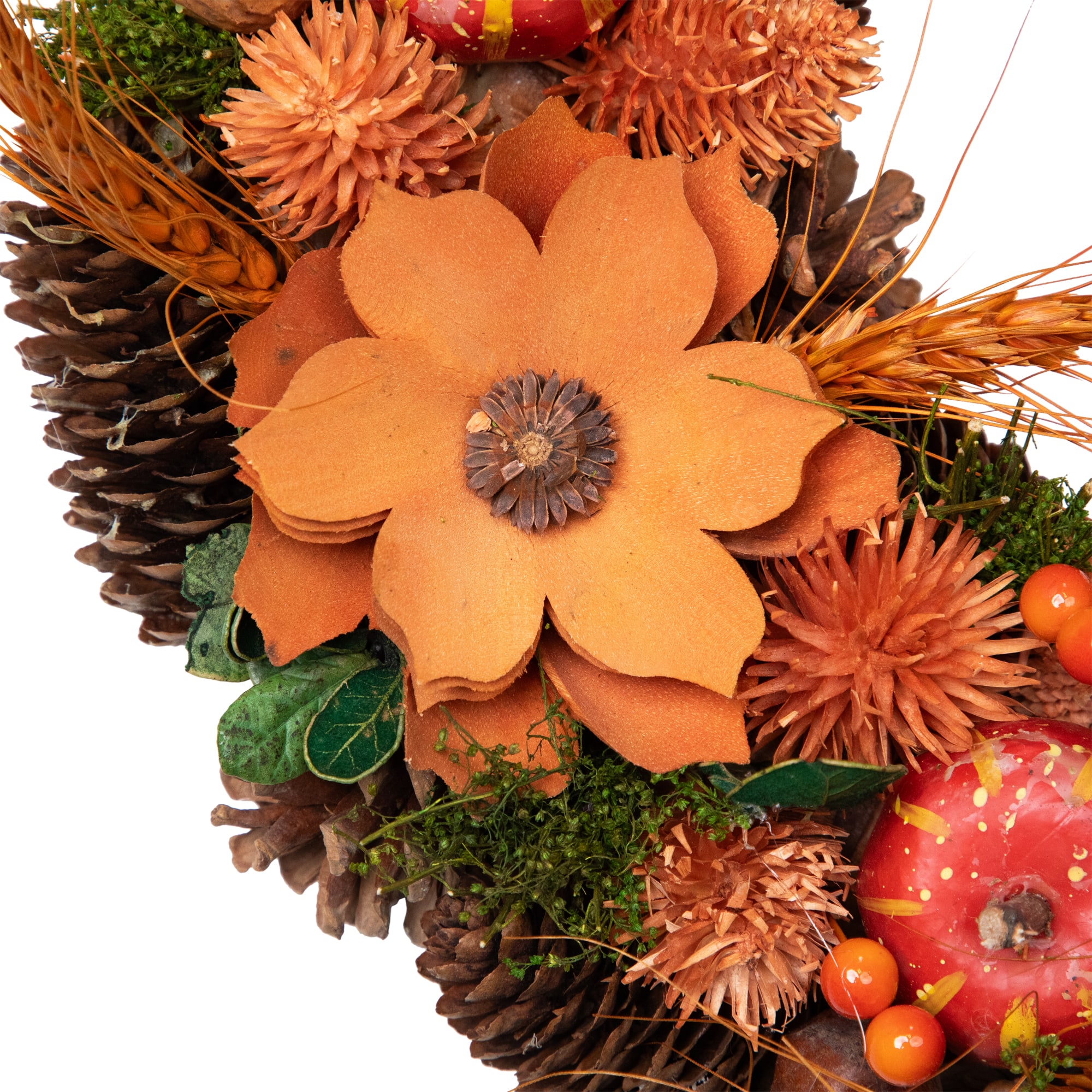13.25&#x27;&#x27; Unlit Autumn Harvest Orange Flowers and Gourds Pine Cone Wreath