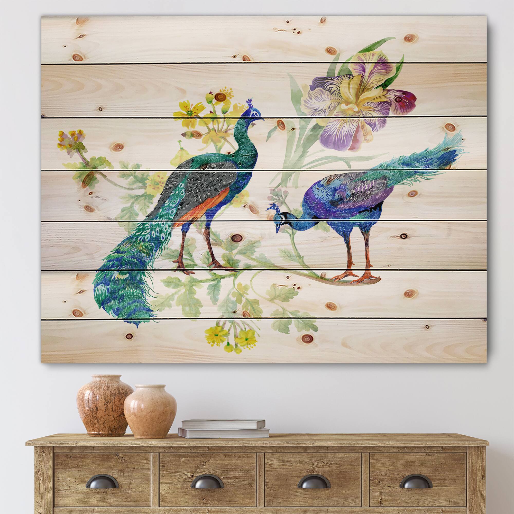 Designart - Peacocks and Iris Flowers - Traditional Print on Natural Pine Wood