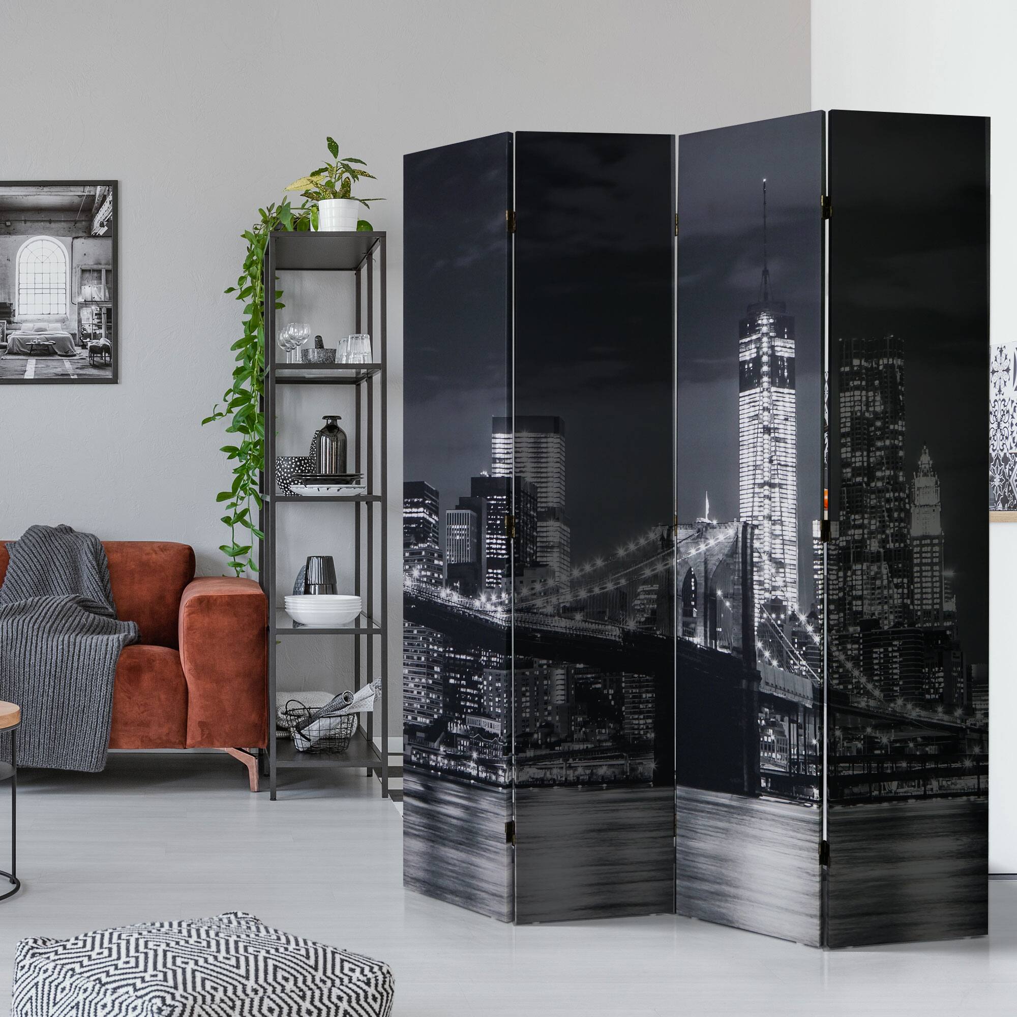 American Art Decor™ 6ft. Double-Sided 4-Panel Black and White Brooklyn Bridge, Manhattan Bridge Photo Canvas Privacy Screen