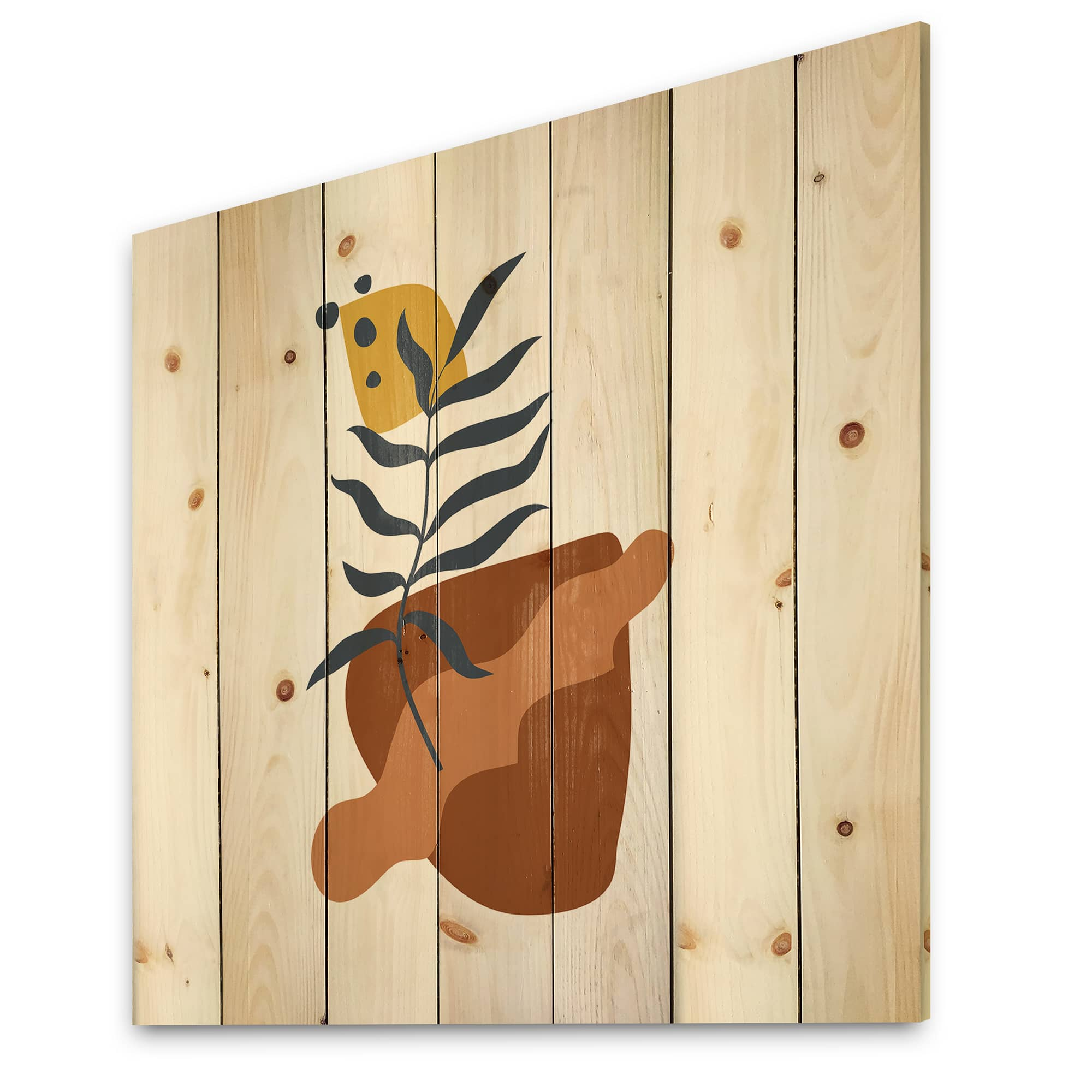 Designart - Elementary Shapes With Abstract Flowers Plants VI - Modern Print on Natural Pine Wood