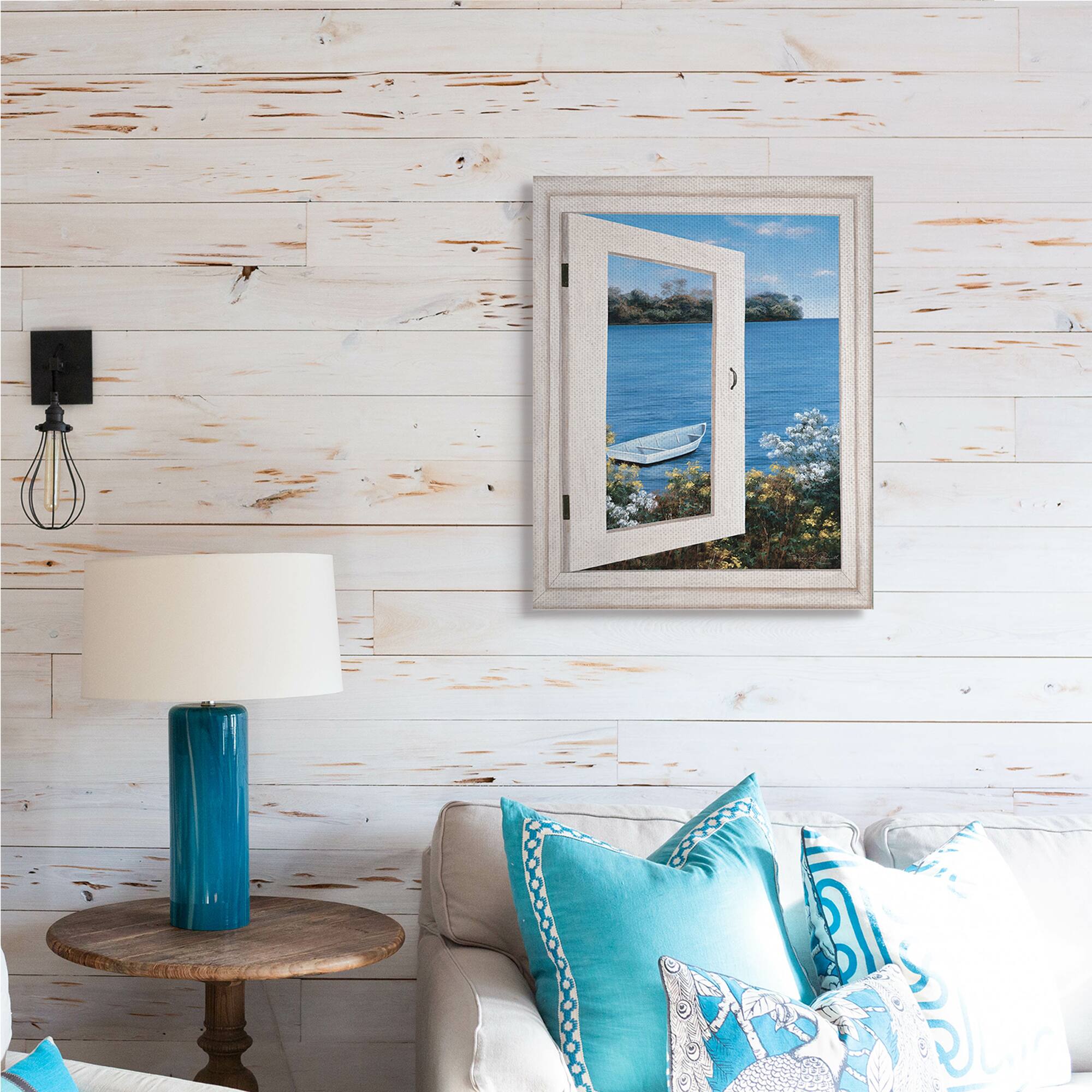 Stupell Industries Lakefront Window Charming Floral Island Boat Canvas Wall Art