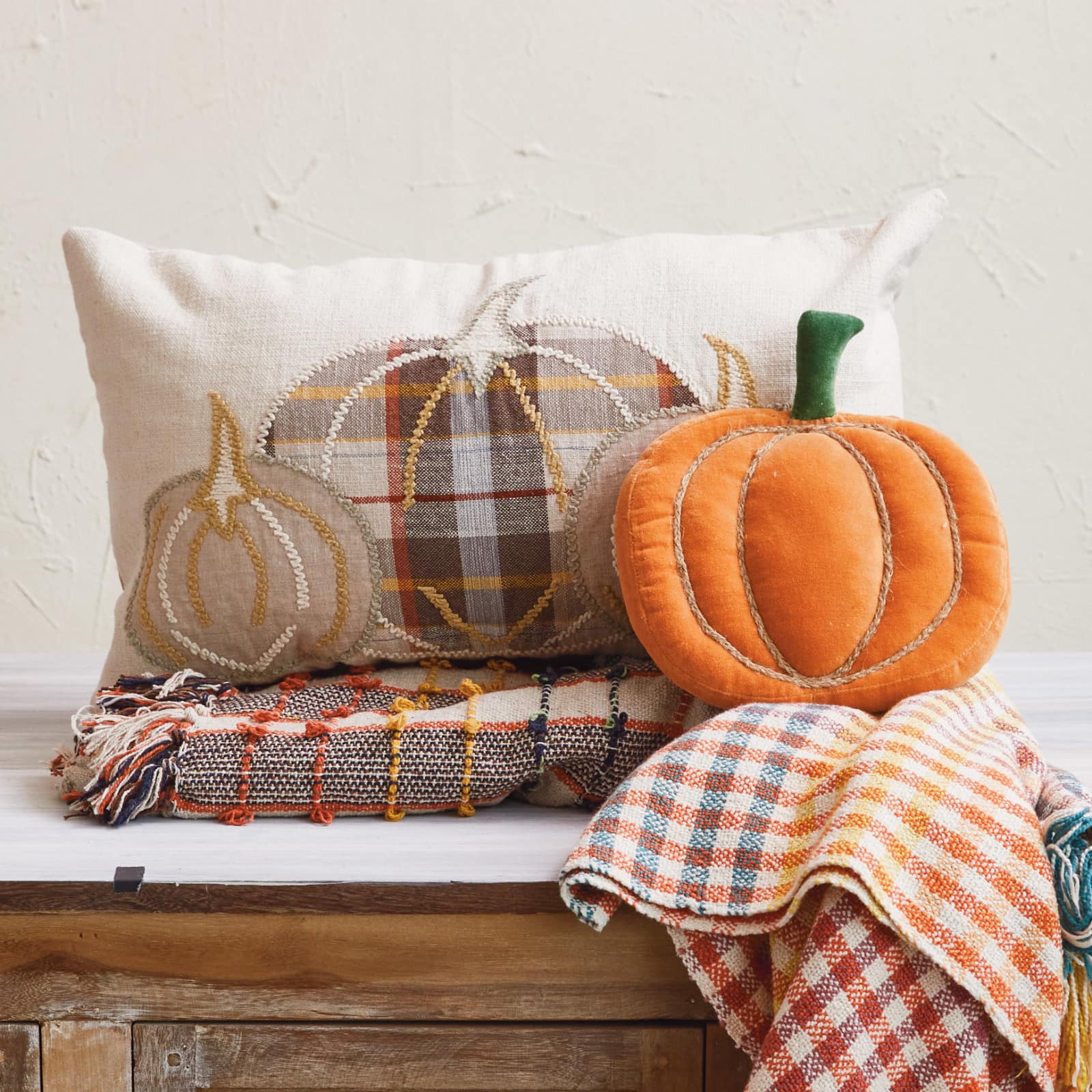 Hello Honey® 10.5" x 9" Green & Orange Woven Cotton Velvet Pumpkin Shaped Pillow