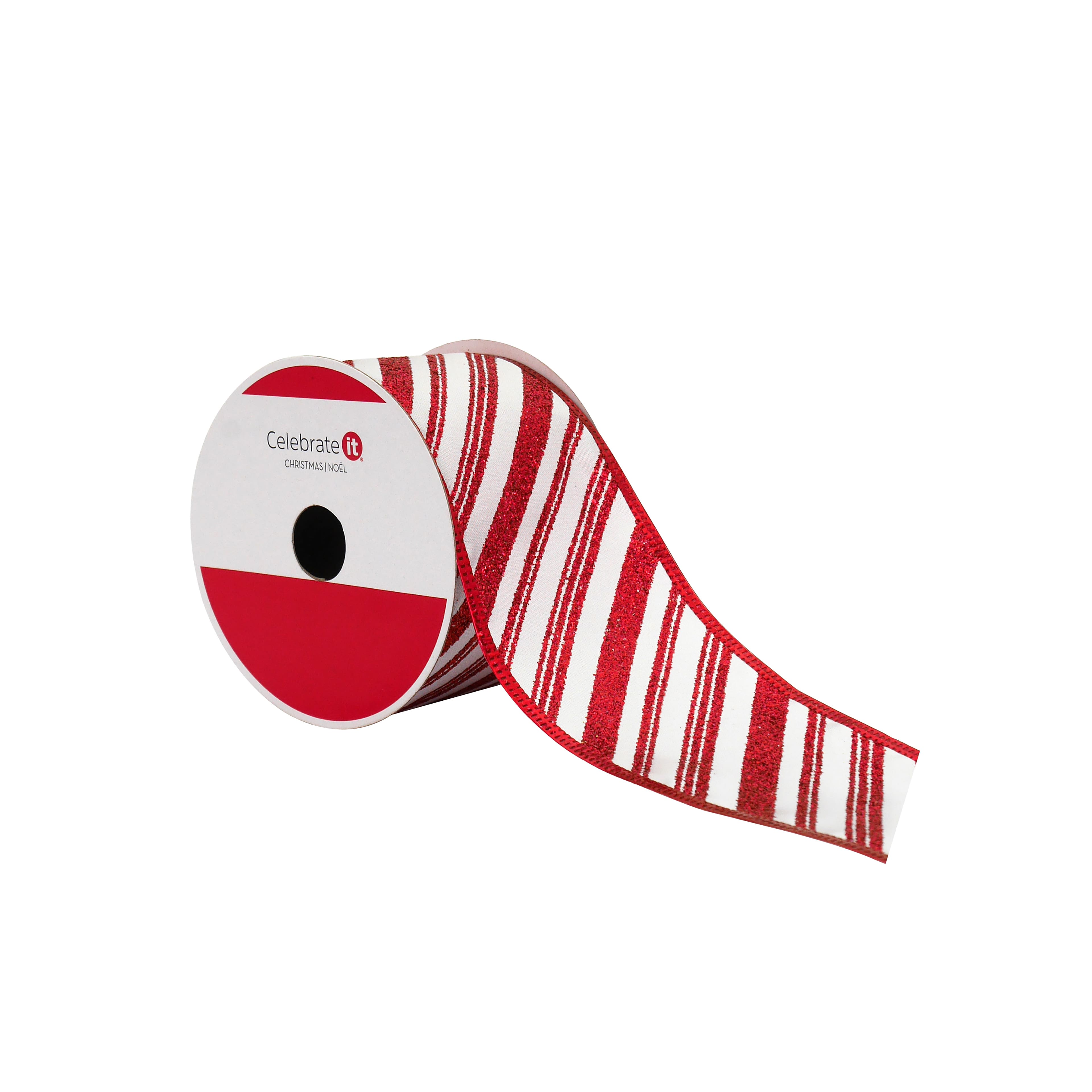 2.5&#x22; x 20ft. White &#x26; Red Glitter Diagonal Stripes Wired Ribbon by Celebrate It&#xAE;
