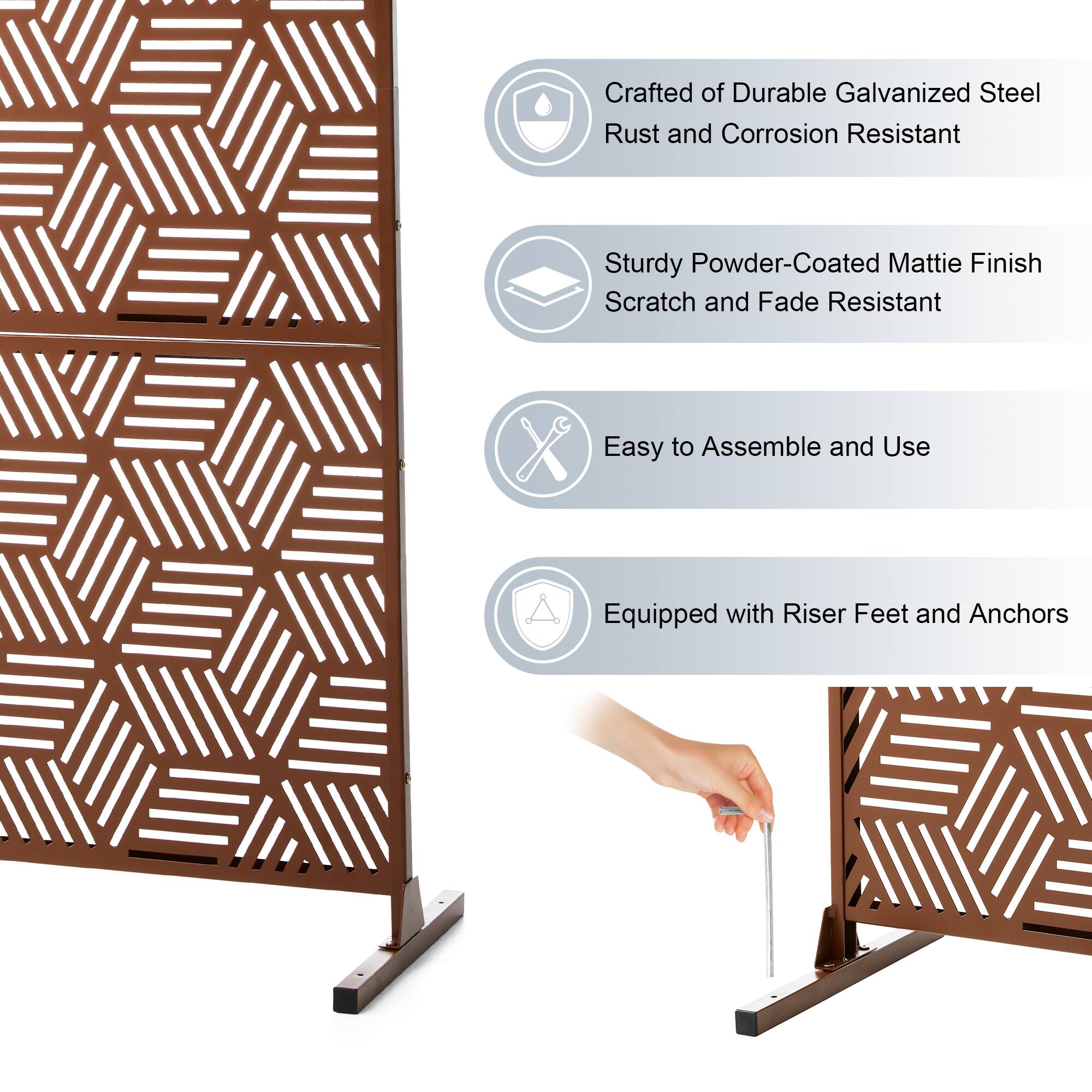Glitzhome&#xAE; 6ft. Brown Galvanized Steel Geometric Pattern Privacy Screen Fence Panel &#x26; Room Divider