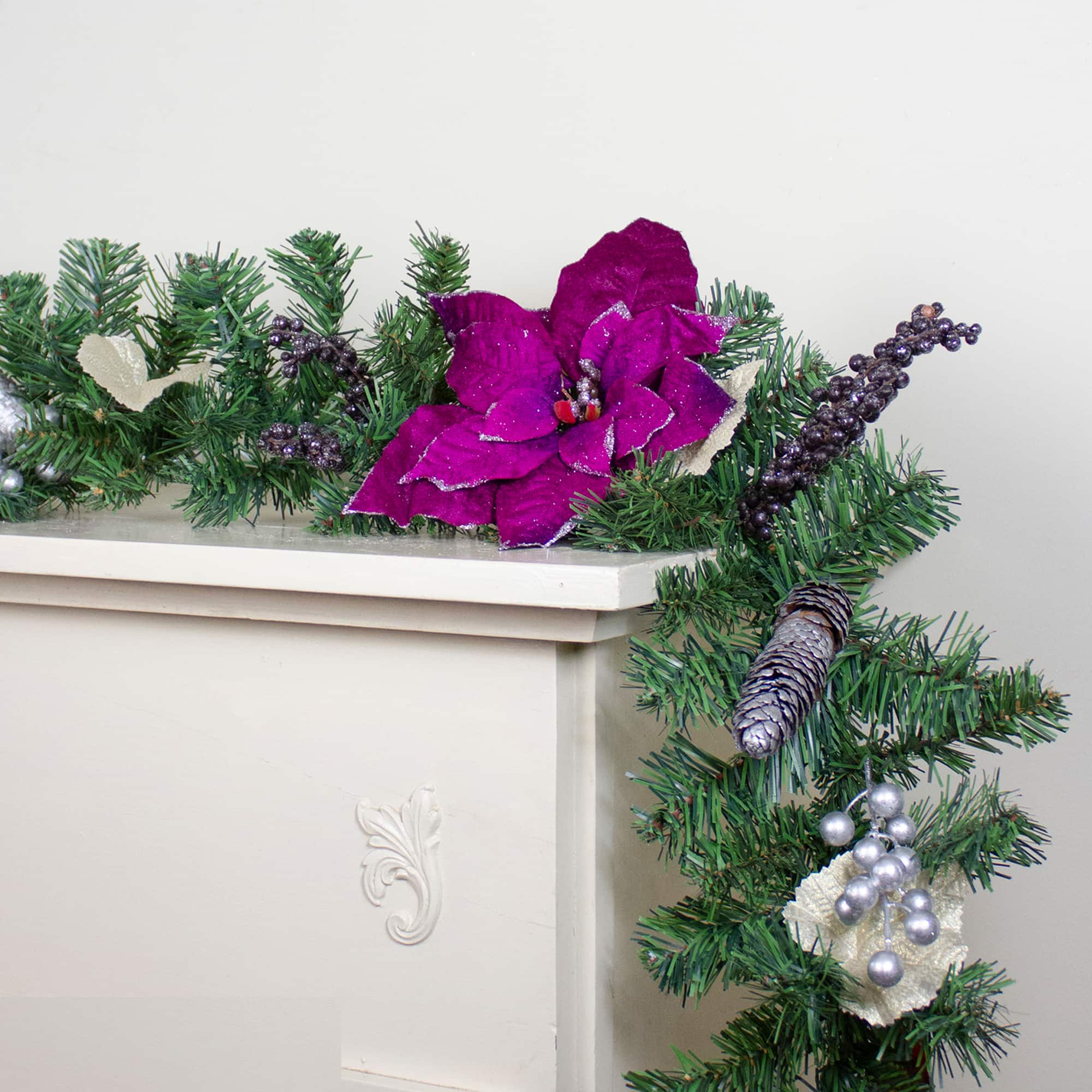 Two-Tone Pine with Purple Poinsettias Berries & Pine Cones Garland, Unlit