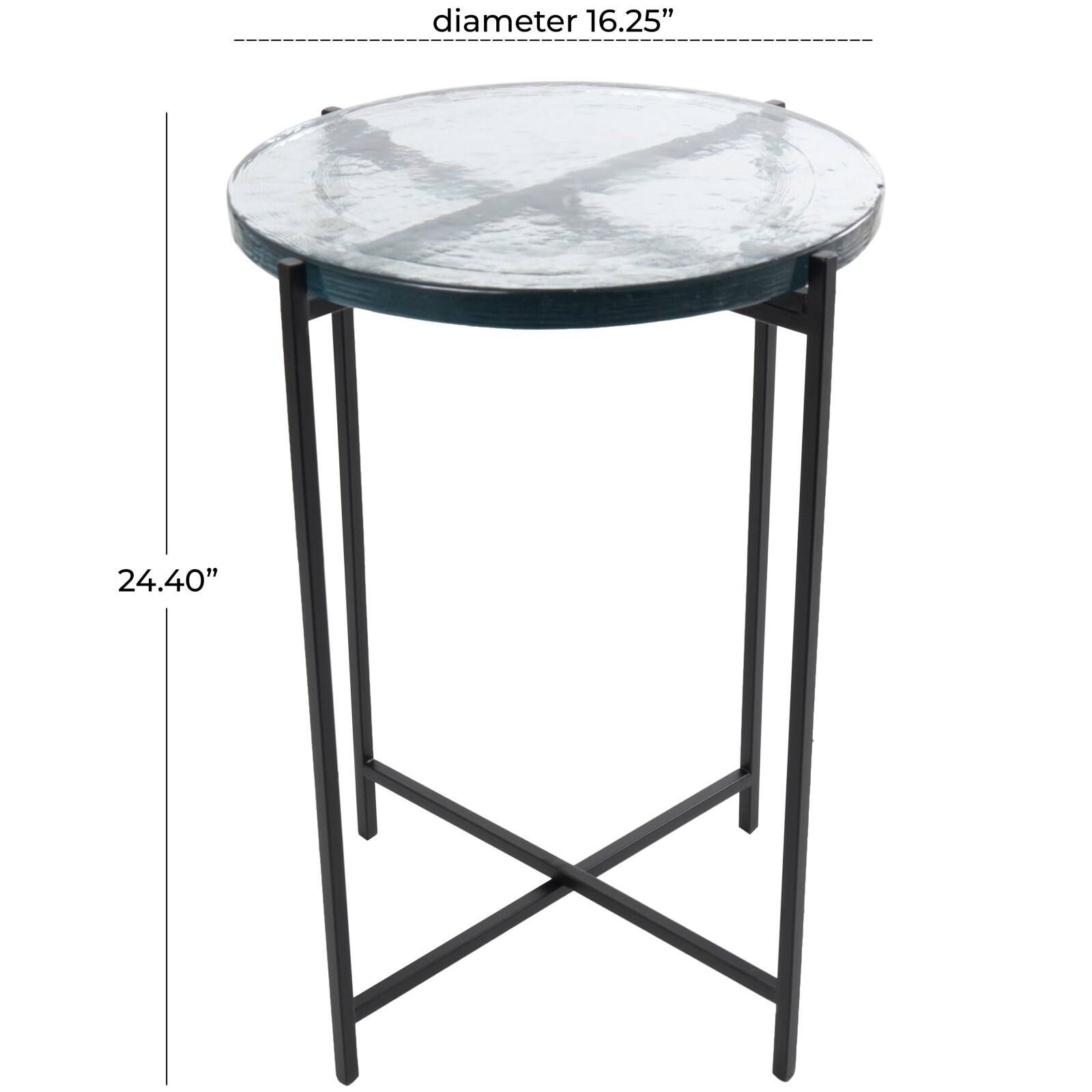 24" Metal X-Shaped Accent Table with Textured Glass Tabletop