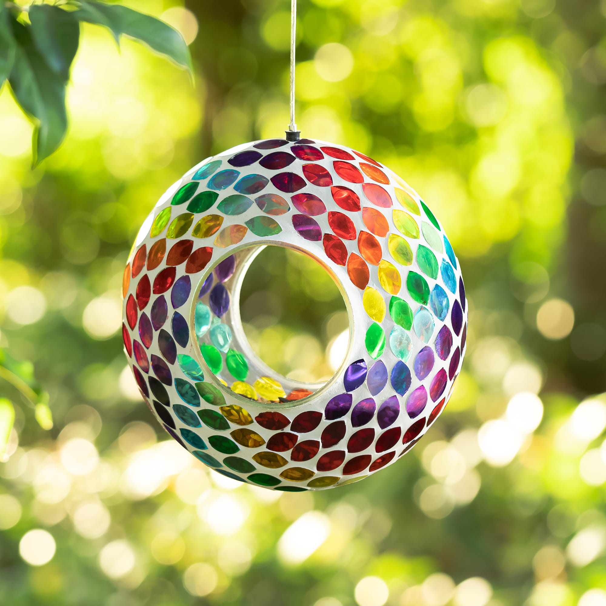 Glitzhome&#xAE; 8&#x22; Multicolor Mosaic Glass Round Hanging Bird Feeder