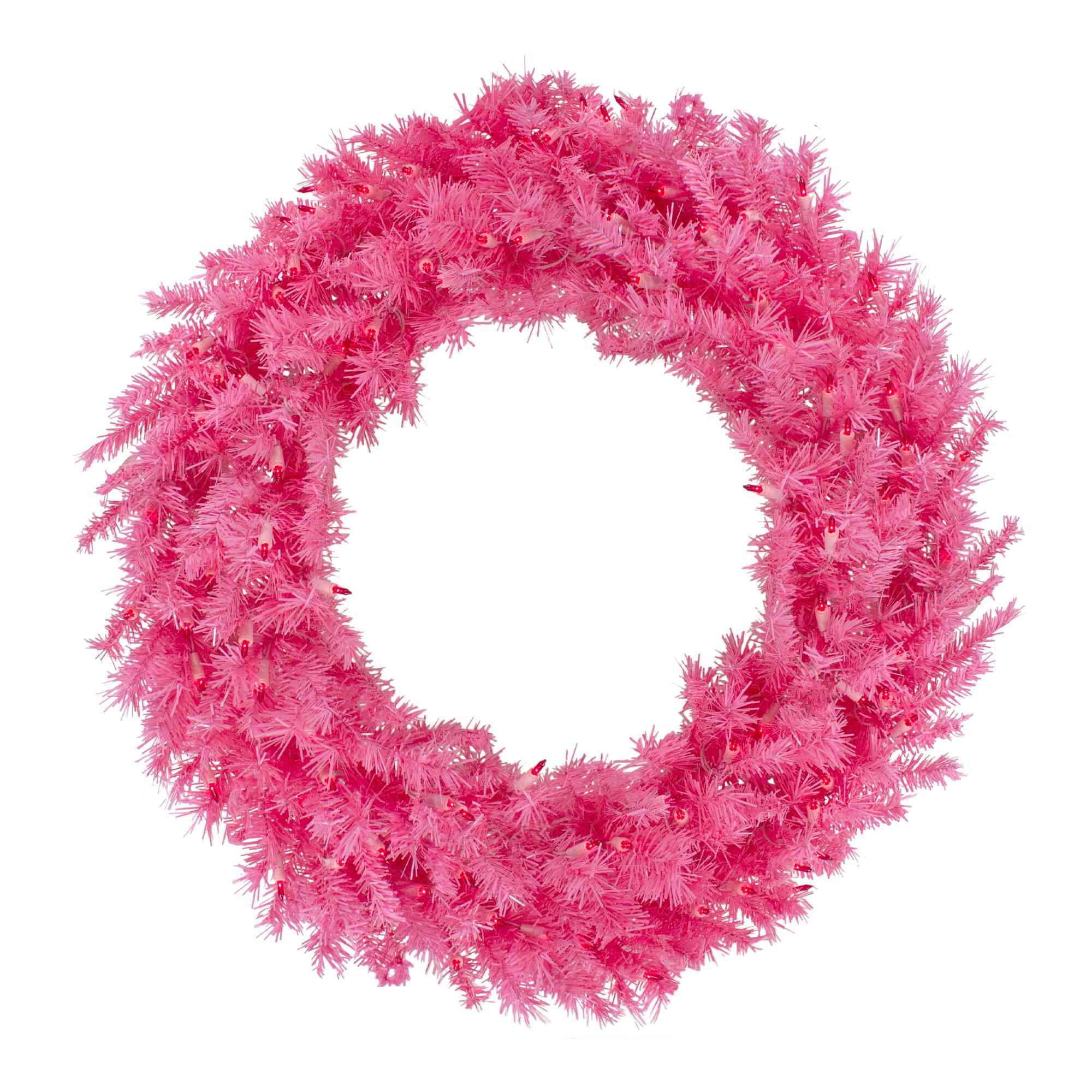 3ft. Pre-Lit Pink Spruce Christmas Wreath, Pink Lights