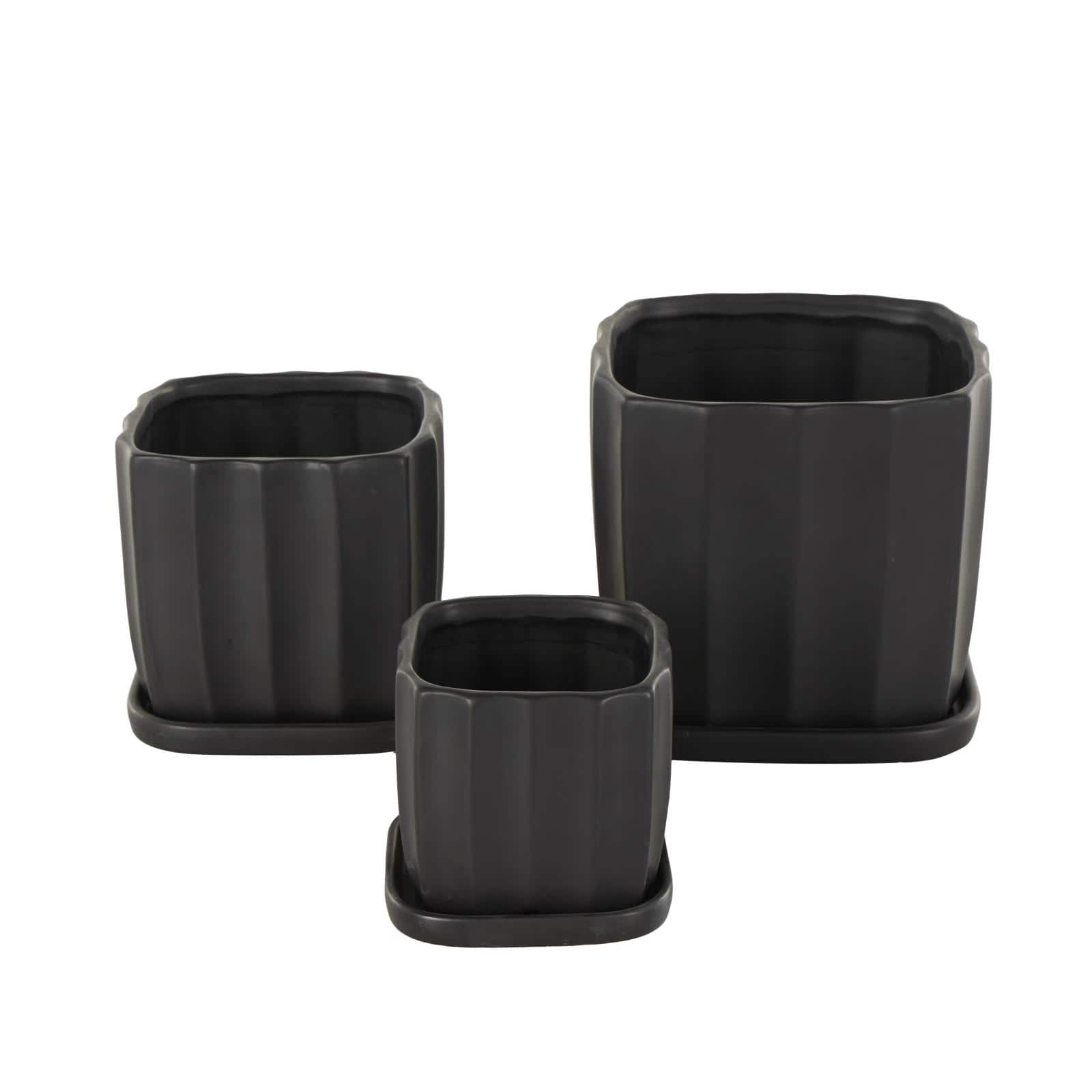 Black Square Wide Groove Textured Ceramic Planter Set