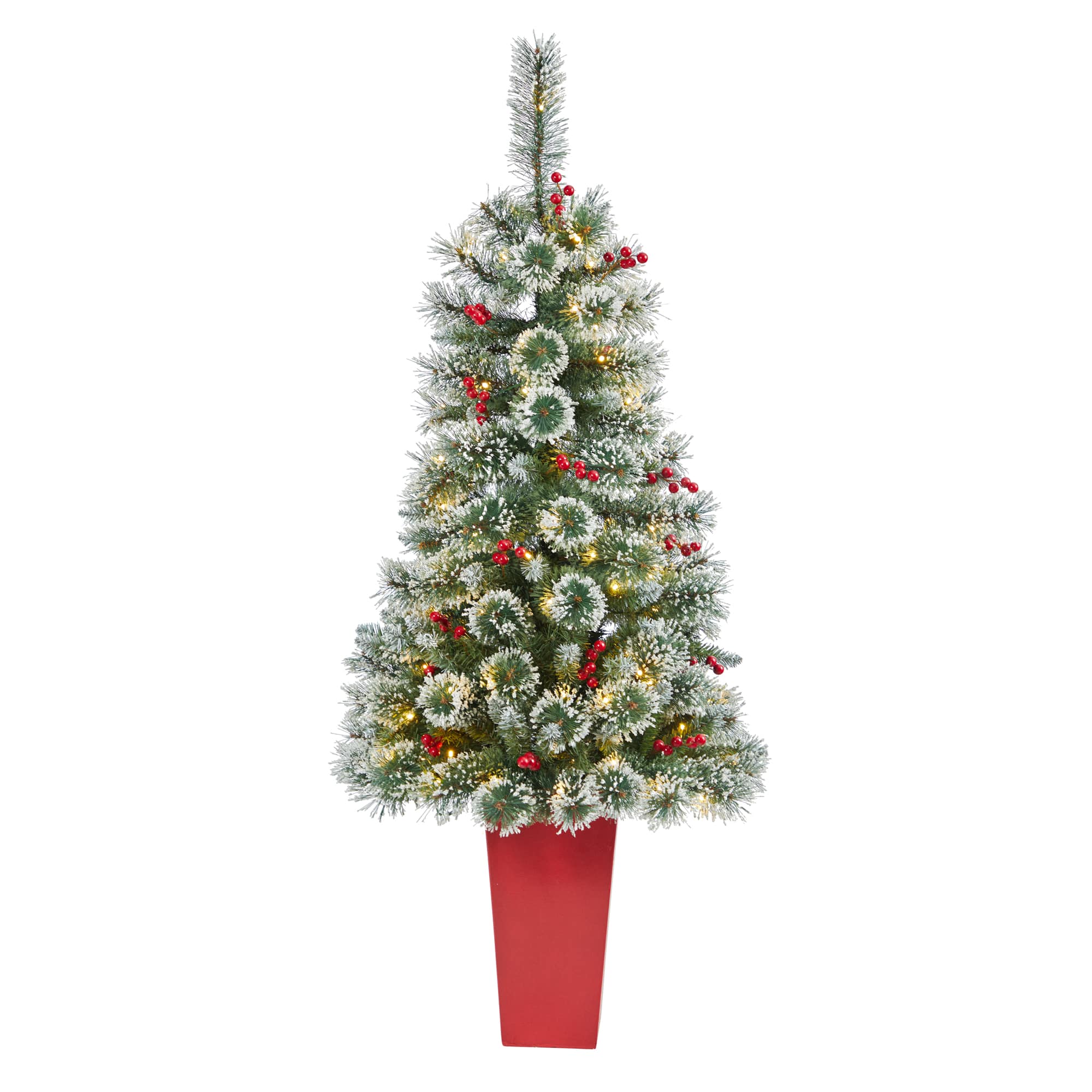 4ft. Pre-Lit Potted Frosted Swiss Pine Artificial Christmas Tree with Berries, Clear LED Lights