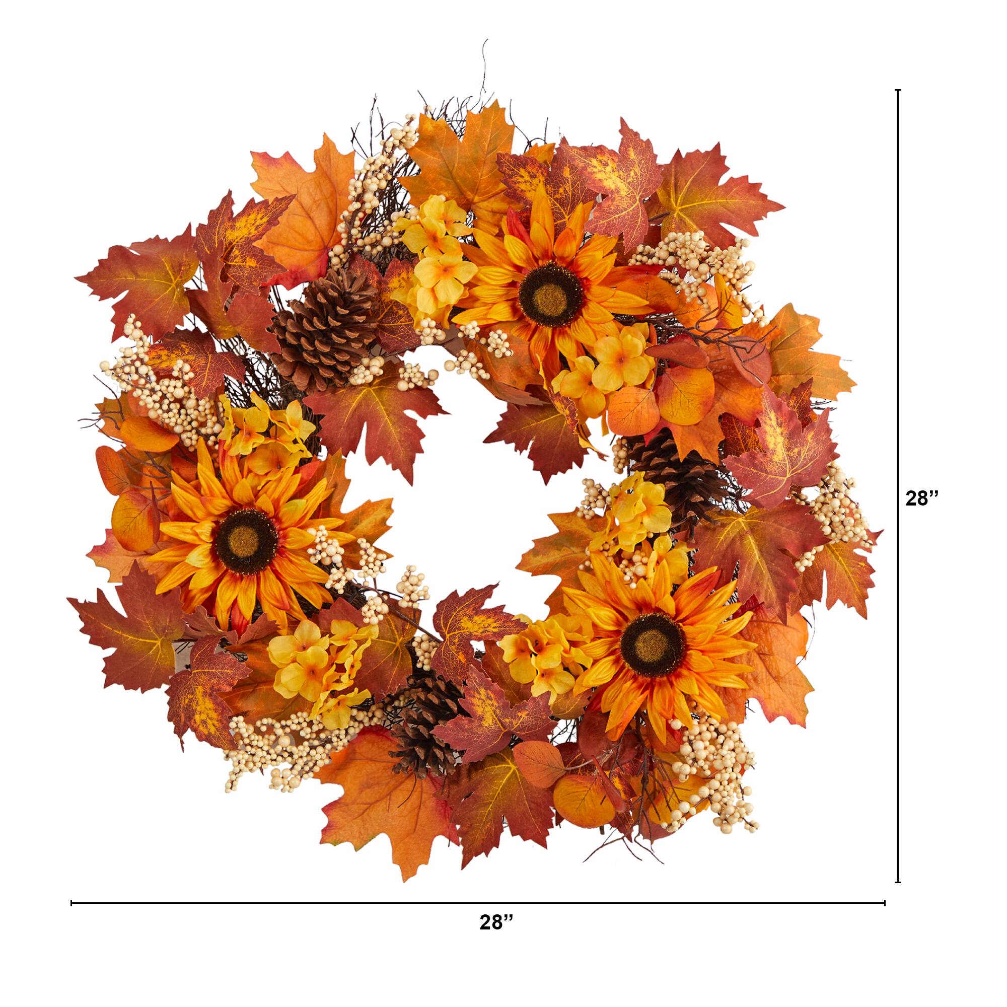 28&#x22; Autumn Maple Leaves, Sunflower, White Berries &#x26; Pinecones Wreath