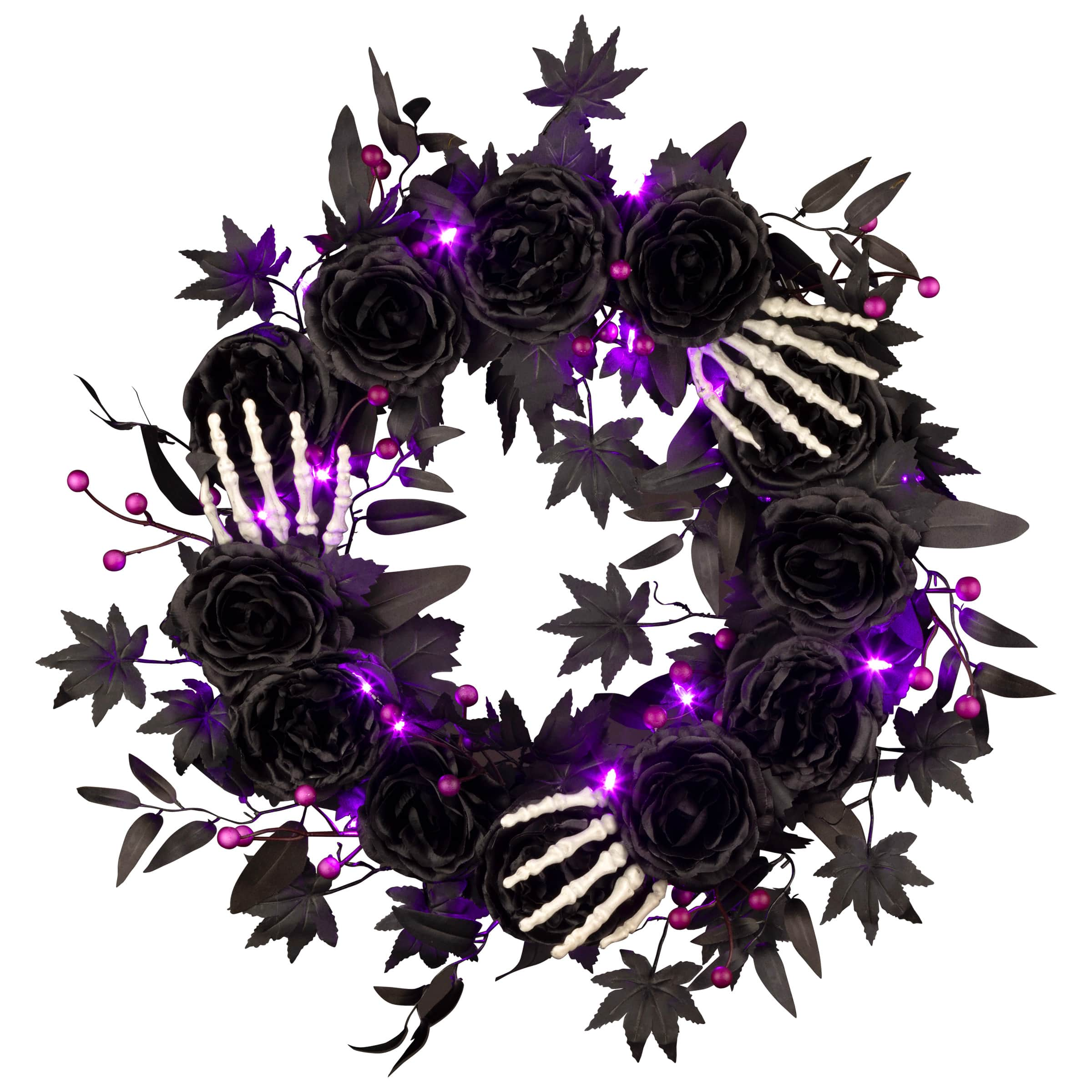 24&#x22; Bad to the Bone Black Flower &#x26; Skeleton Hand Halloween Pre-Lit LED Wreath