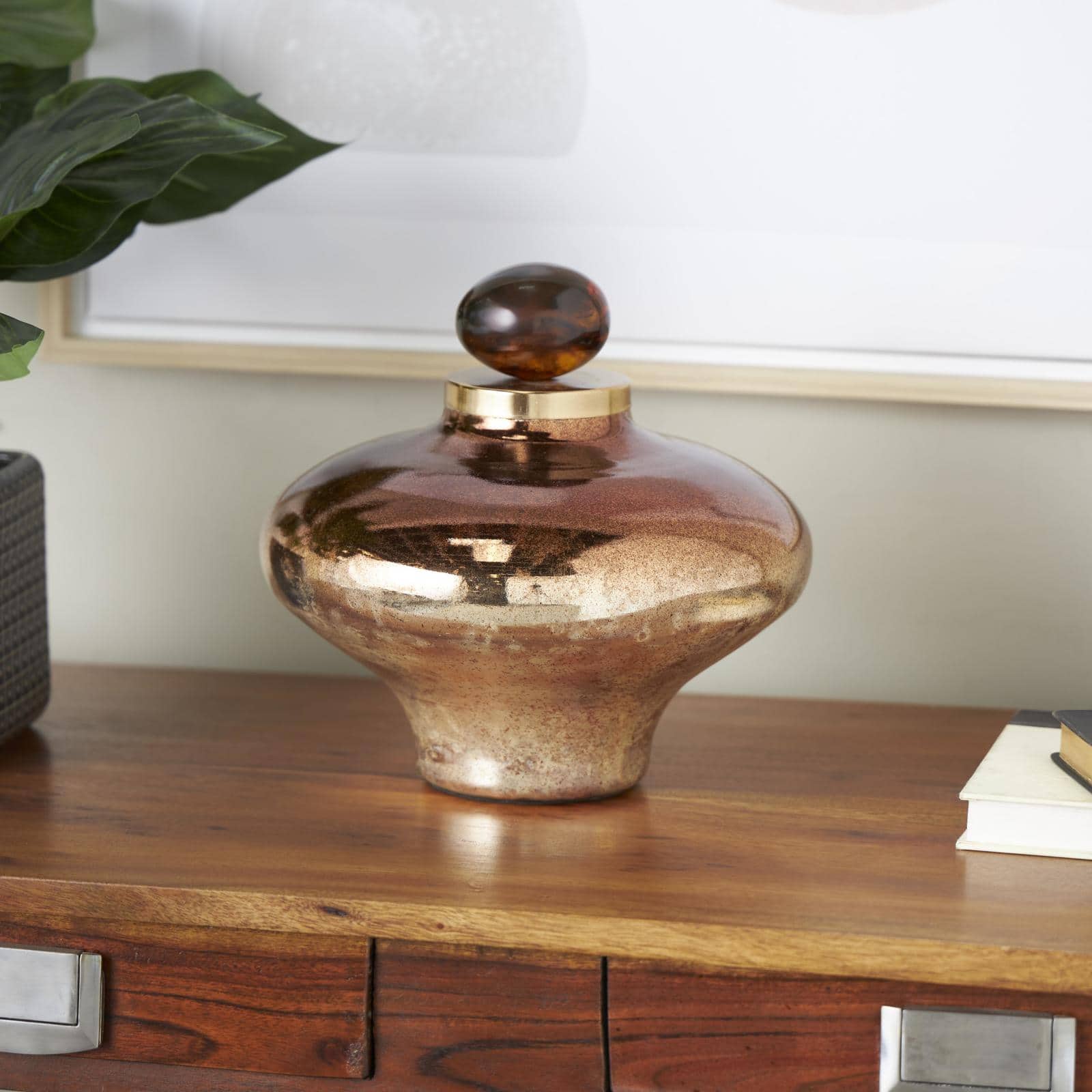 8.75" Beige, Gold & Copper Glass Wide Speckled Ombre Decorative Jar with Oval Top Knob