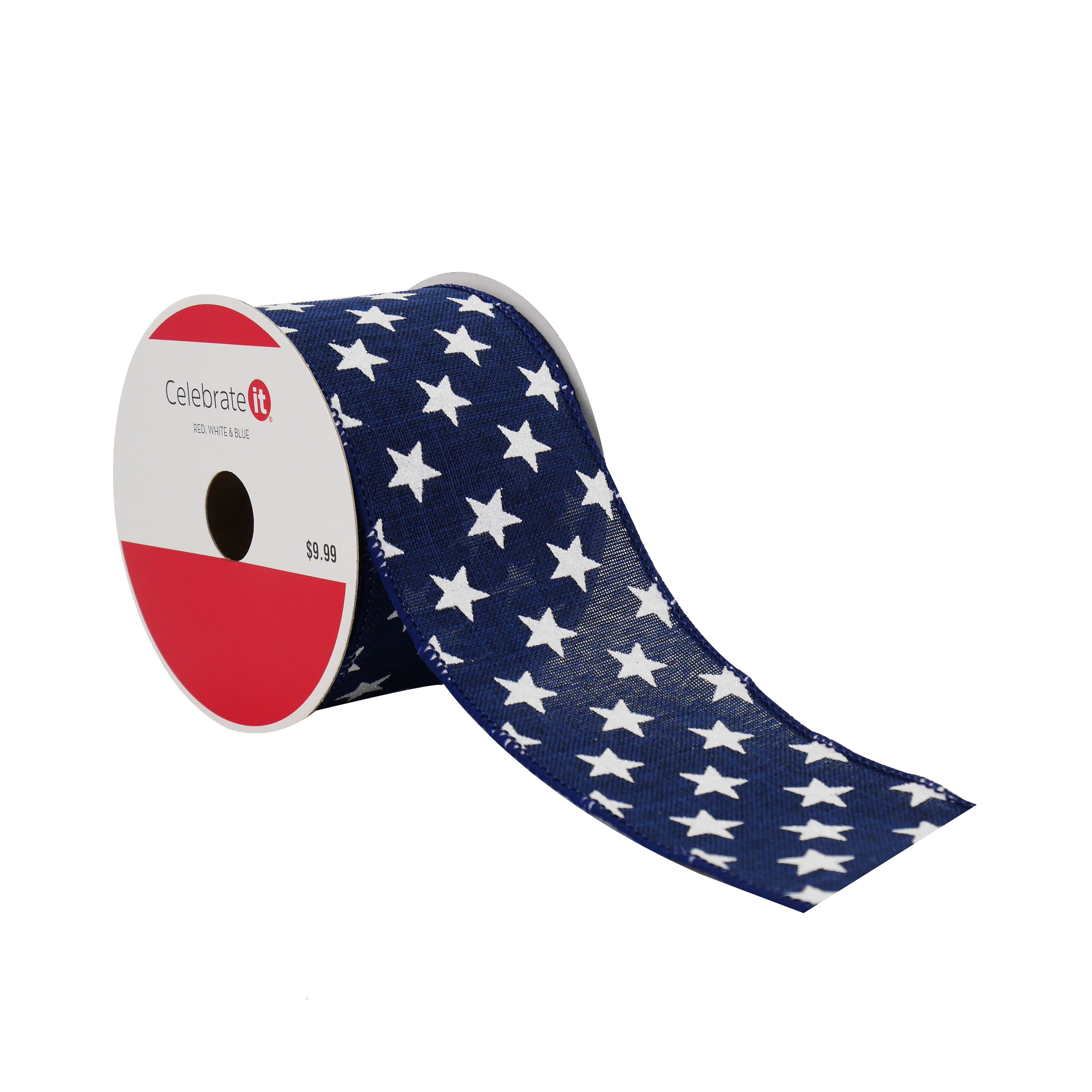 2.5&#x22; x 20ft. Navy &#x26; White Stars Wired Faux Linen Ribbon by Celebrate It&#xAE; Red, White &#x26; Blue