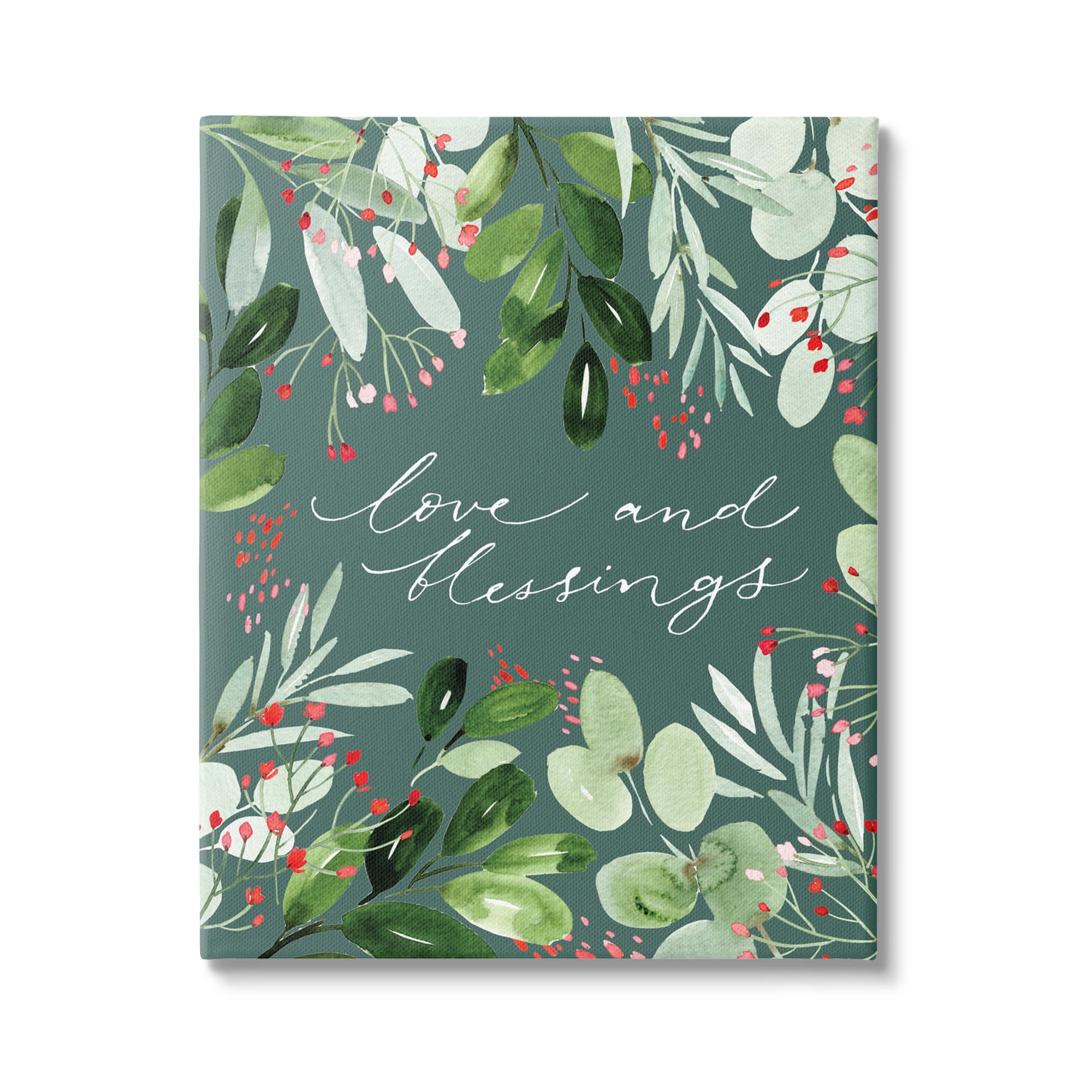 Stupell Industries Love & Blessings Green Floral Leaves Canvas Wall Art