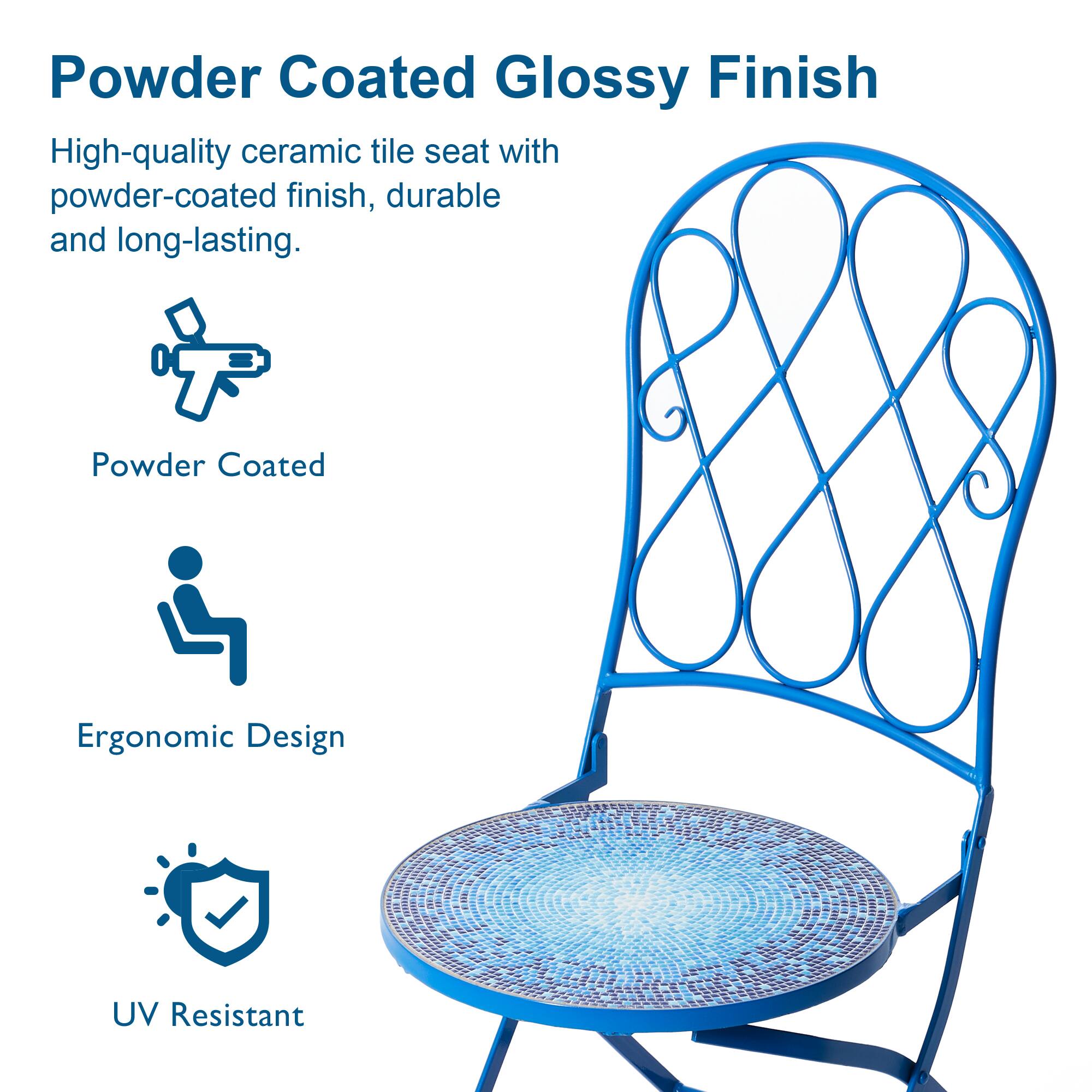 Glitzhome® 36.5" Blue Outdoor Metal Folding Bistro Chairs with Ceramic Tiles Seat, 2ct.