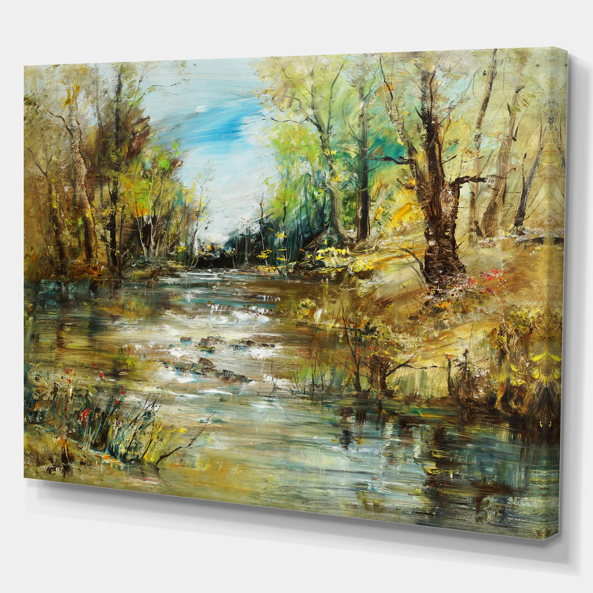 Designart - Trees by the River - Landscapes Painting Print on Wrapped Canvas