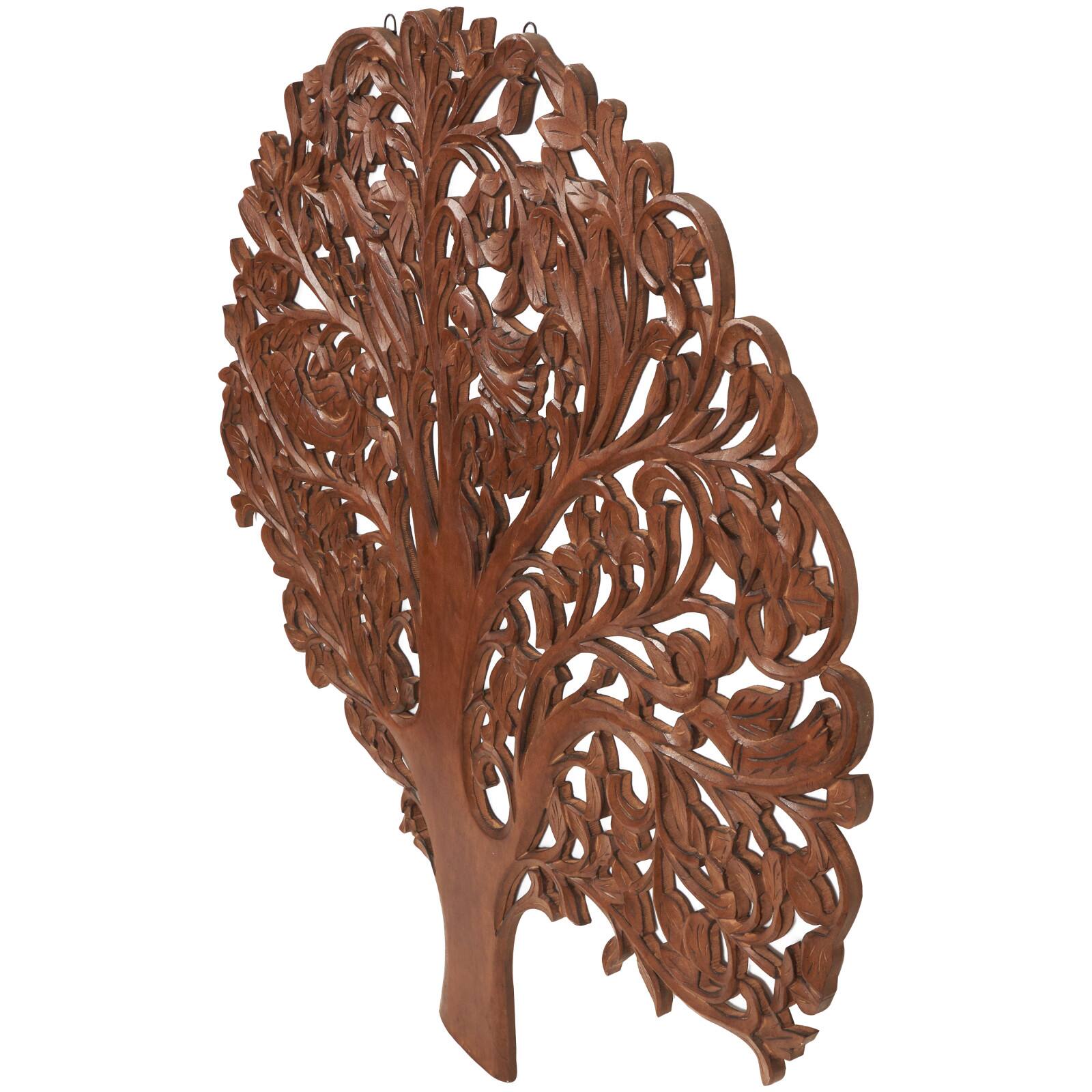 43" x 45" Brown Carved Wooden Tree Wall Décor with Bird Accents