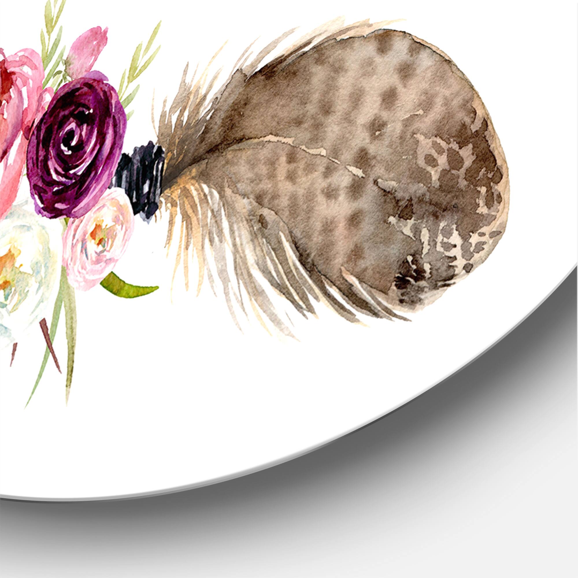 Designart - Ethnic Feathers and Flowers On Native Arrows III - Bohemian &#x26; Eclectic Metal Circle Wall Art